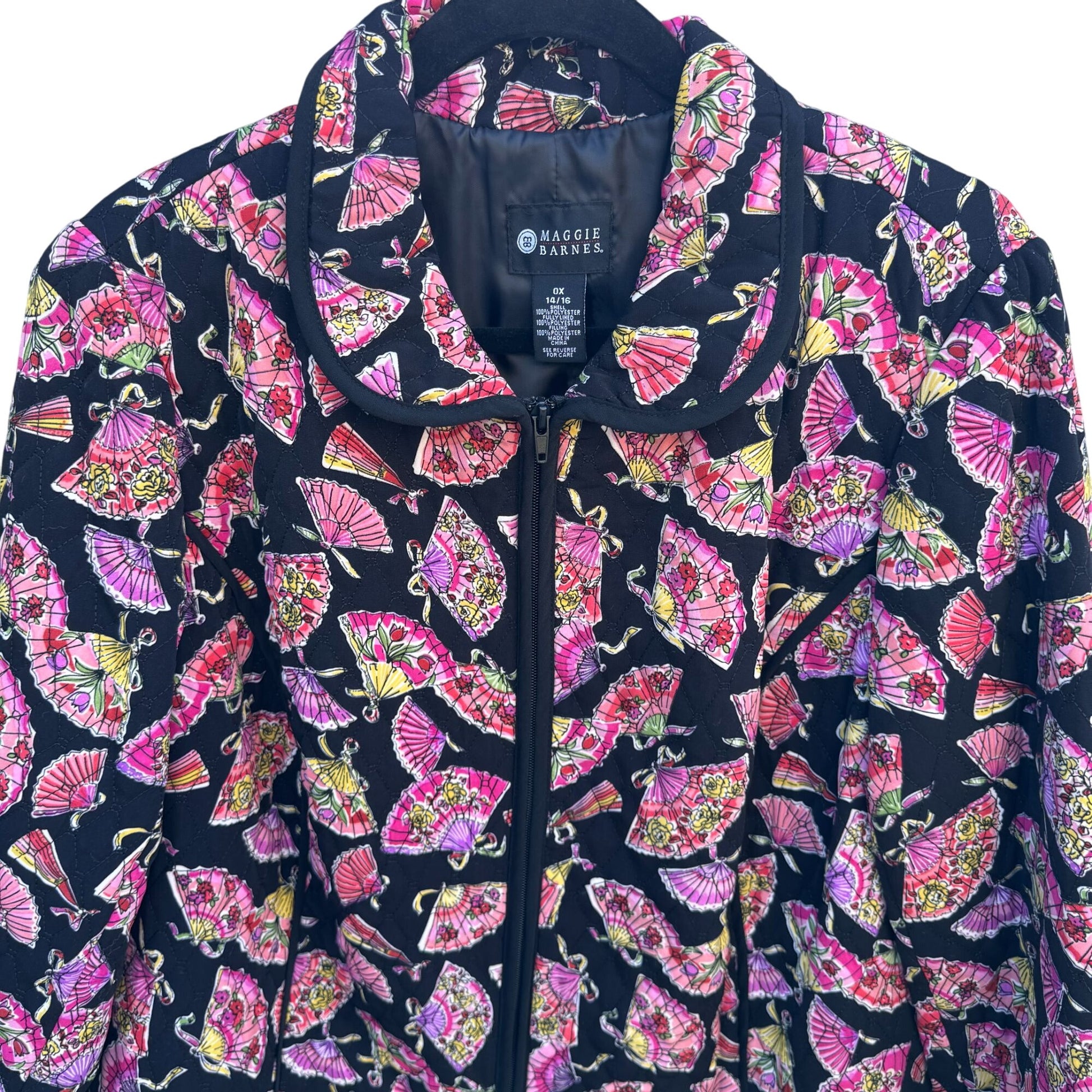 Maggie Barnes Vintage Womens Quilted Fan Print Black Pink Floral Jacket 0X 14/16