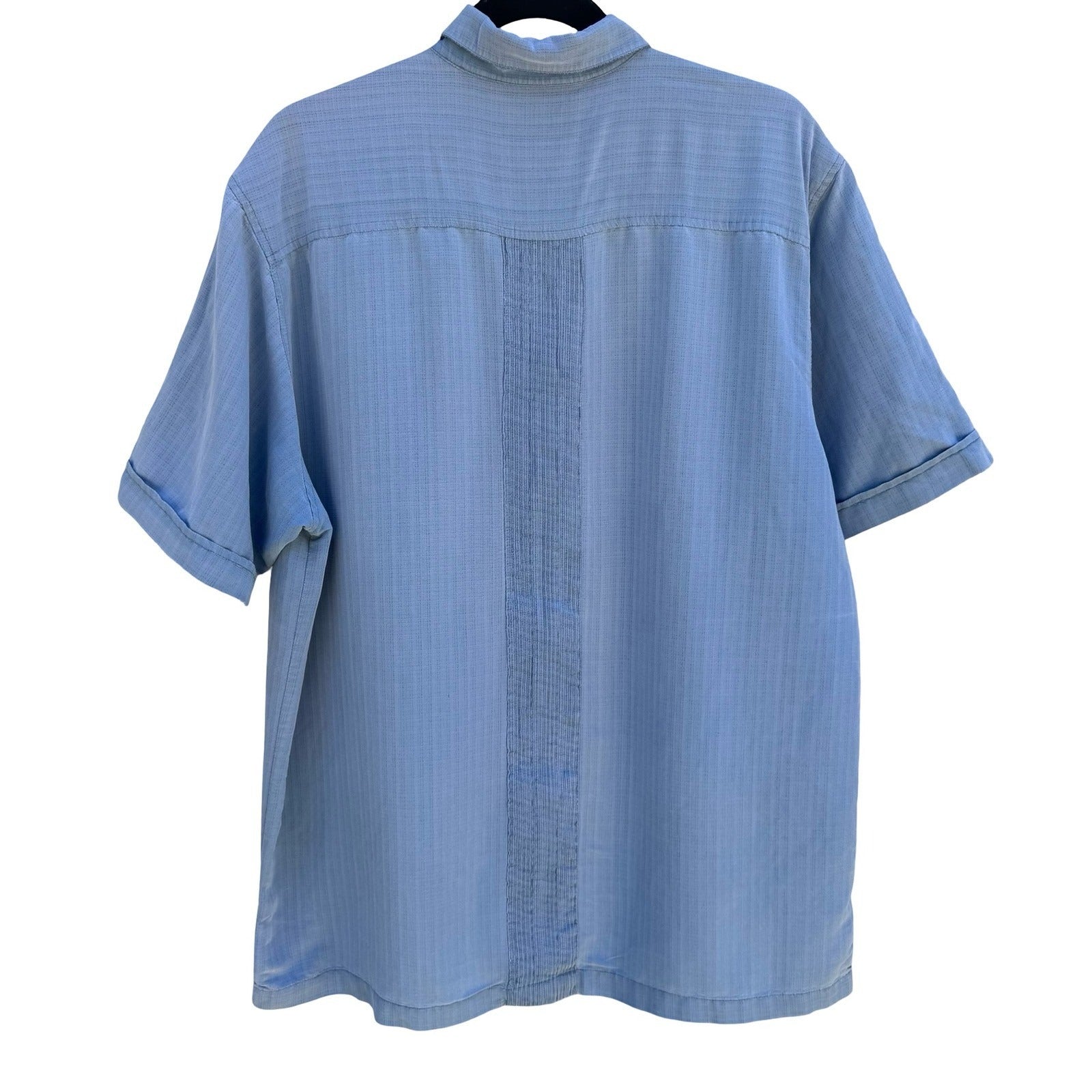 Cubavera Mens L Blue Embroidered Pintuck Guayabera Coastal Camp Shirt Aloha Cuba