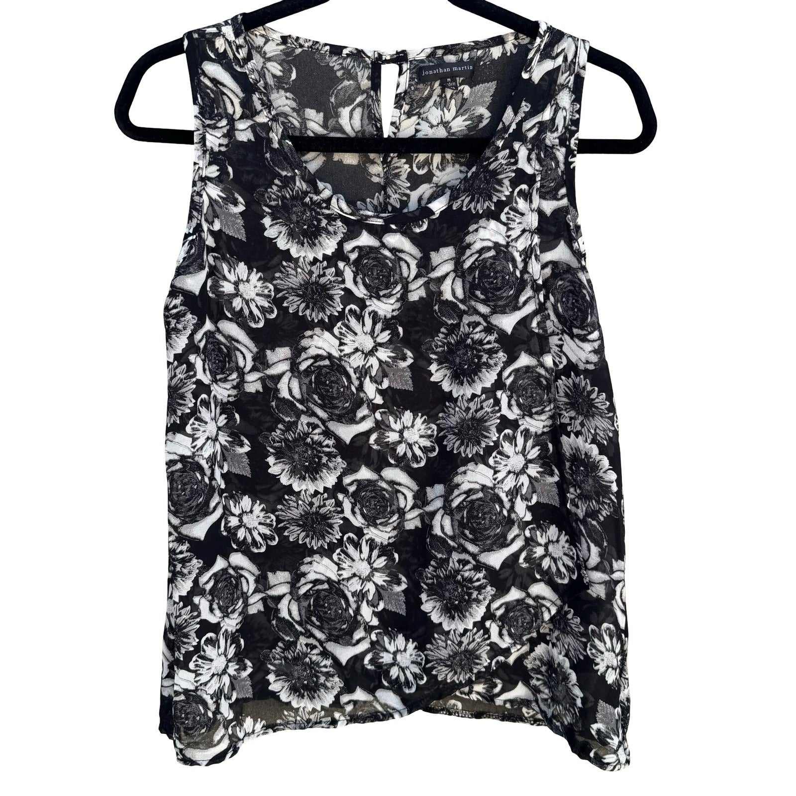Jonathan Martin Semi Sheer Dark Floral Chiffon Layer Blouse Keyhole Back Black M