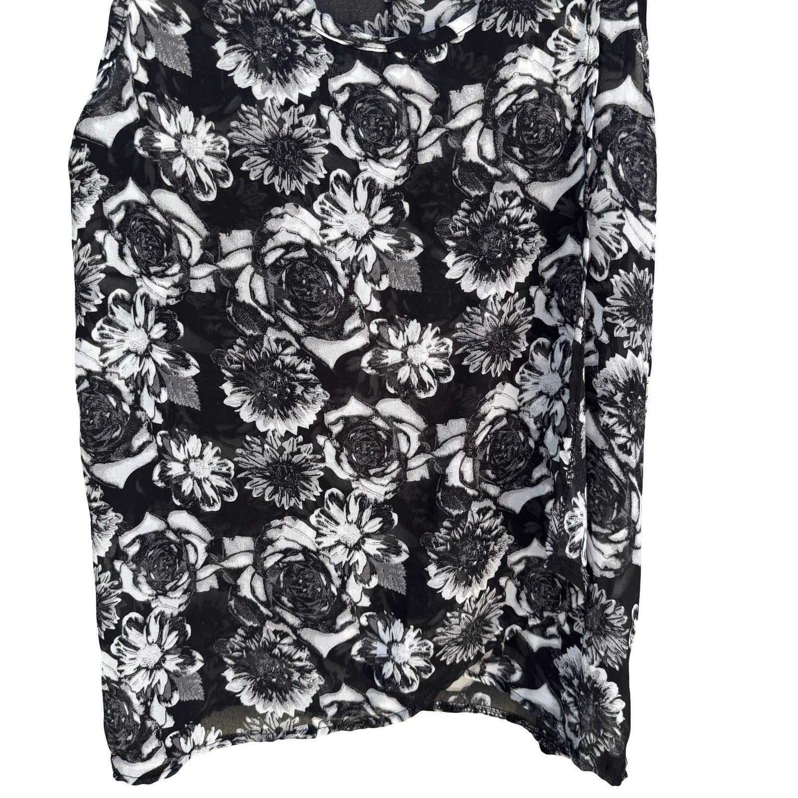 Jonathan Martin Semi Sheer Dark Floral Chiffon Layer Blouse Keyhole Back Black M