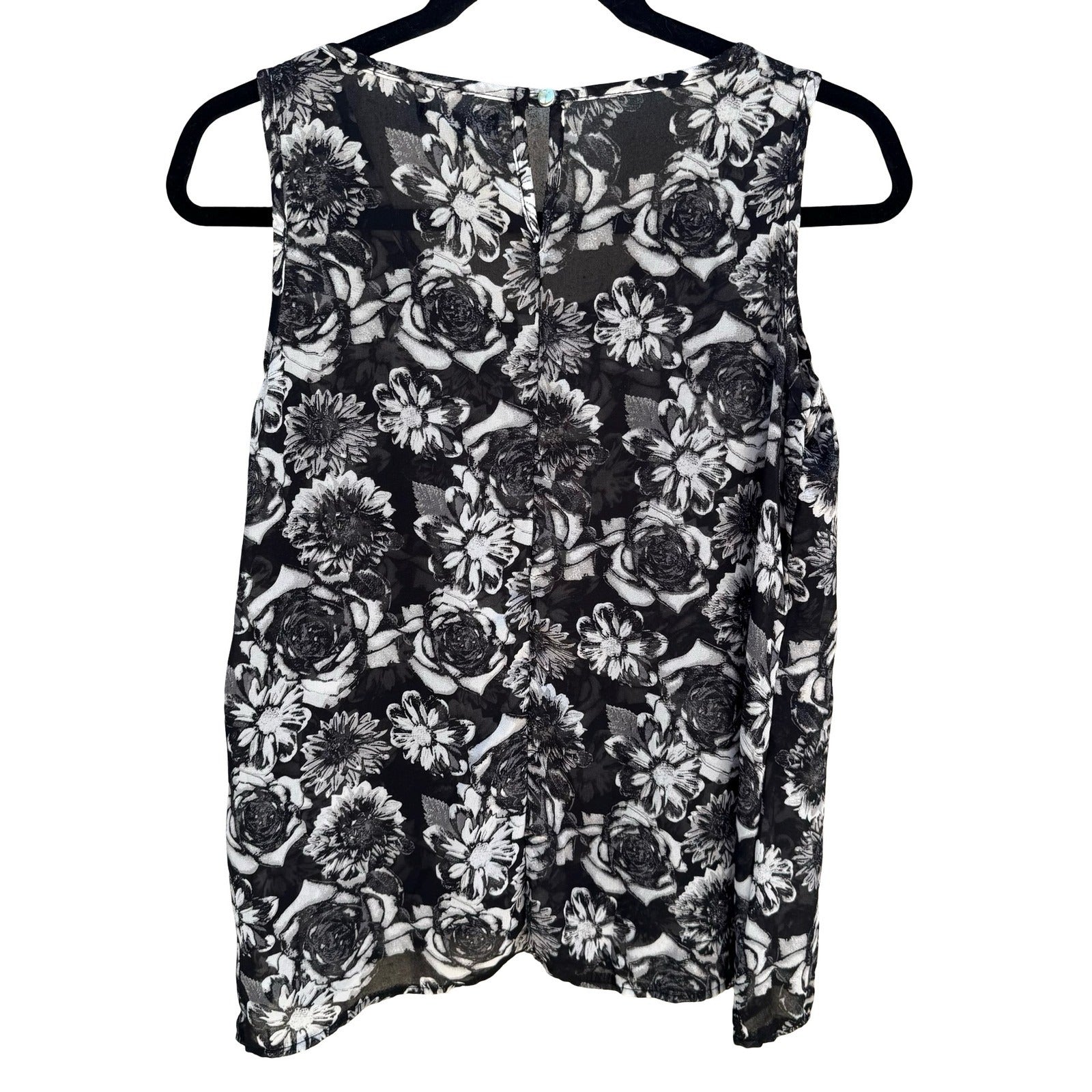 Jonathan Martin Semi Sheer Dark Floral Chiffon Layer Blouse Keyhole Back Black M