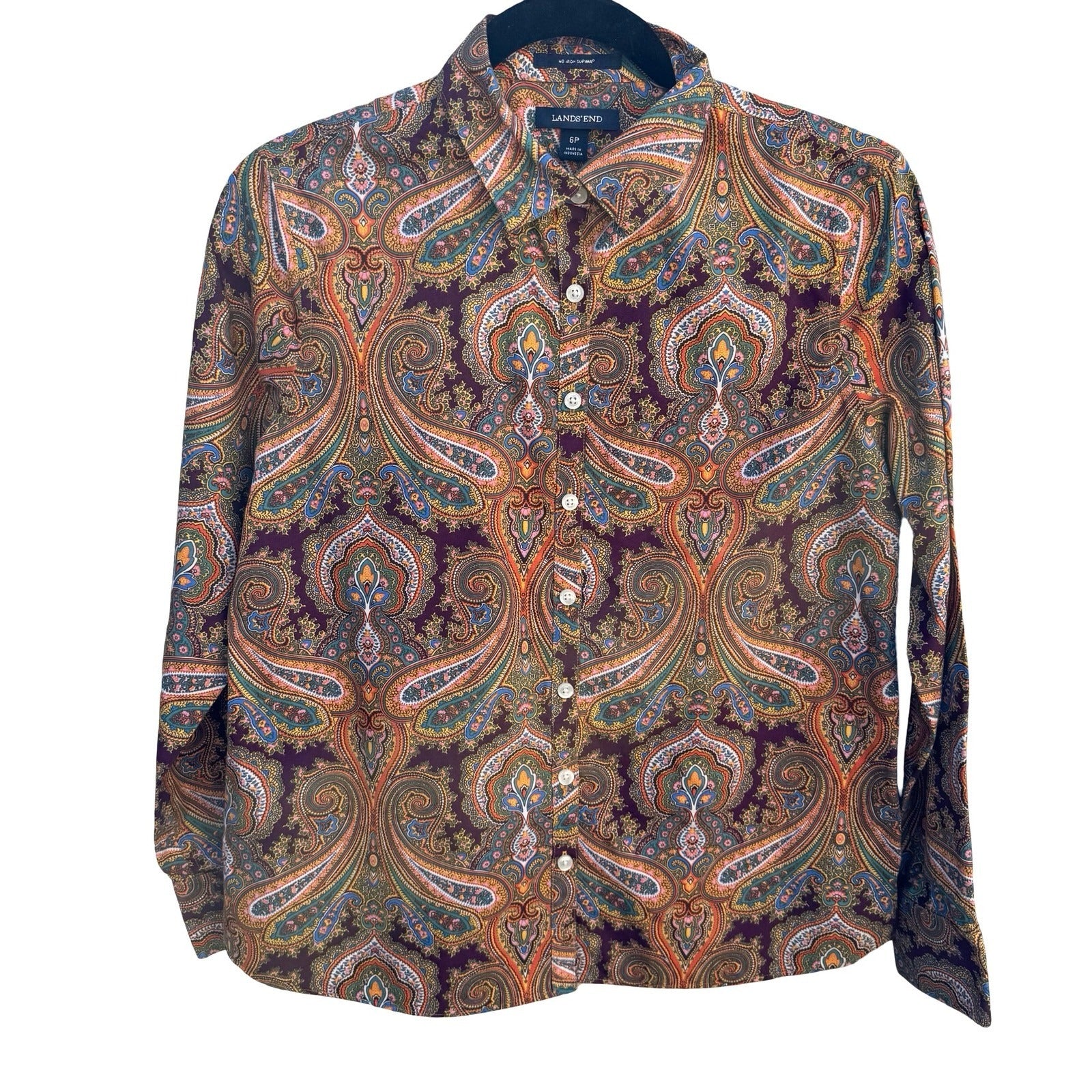 Lands End No Iron Supima Cotton Paisley Button Down Shirt Brown Boho Preppy 6P
