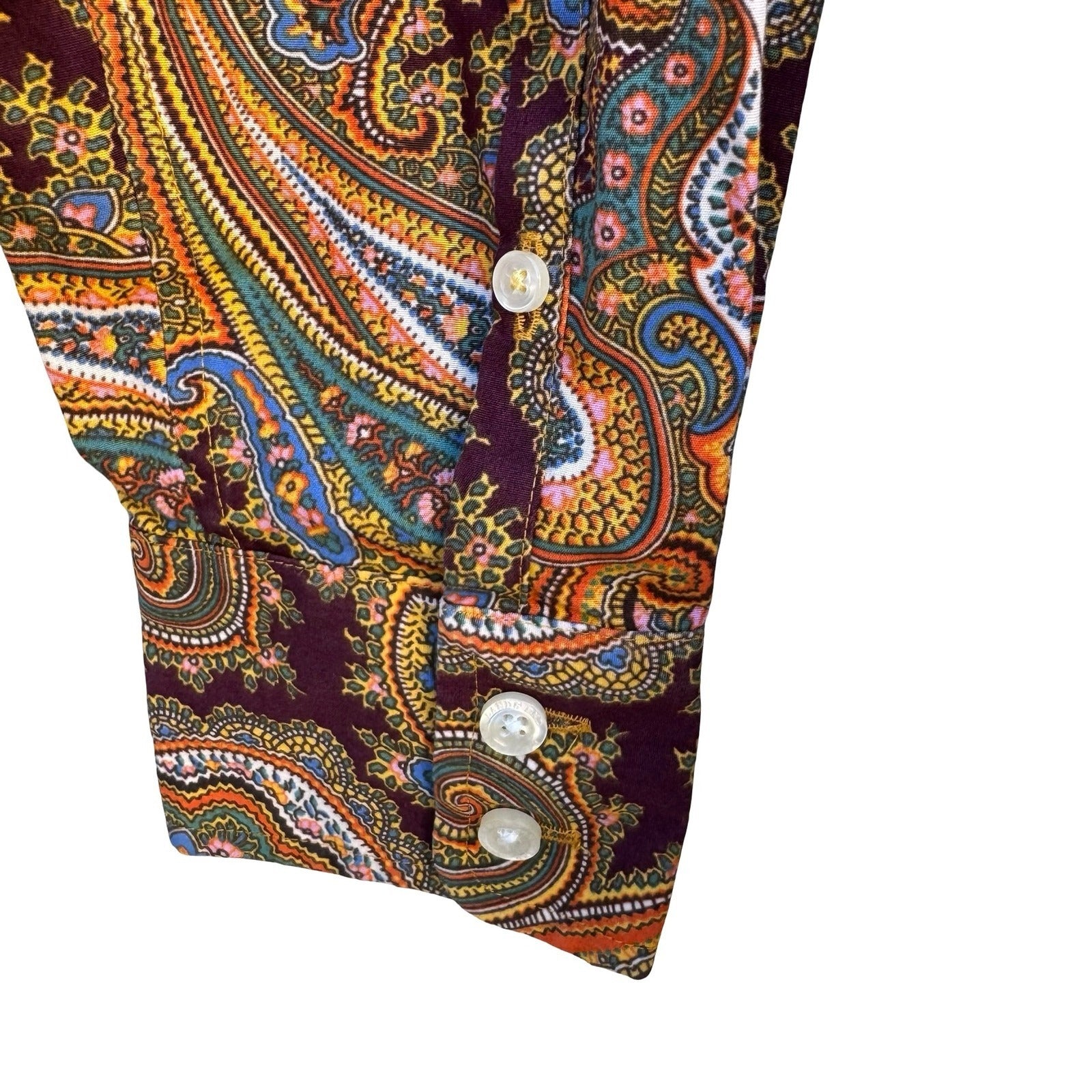 Lands End No Iron Supima Cotton Paisley Button Down Shirt Brown Boho Preppy 6P