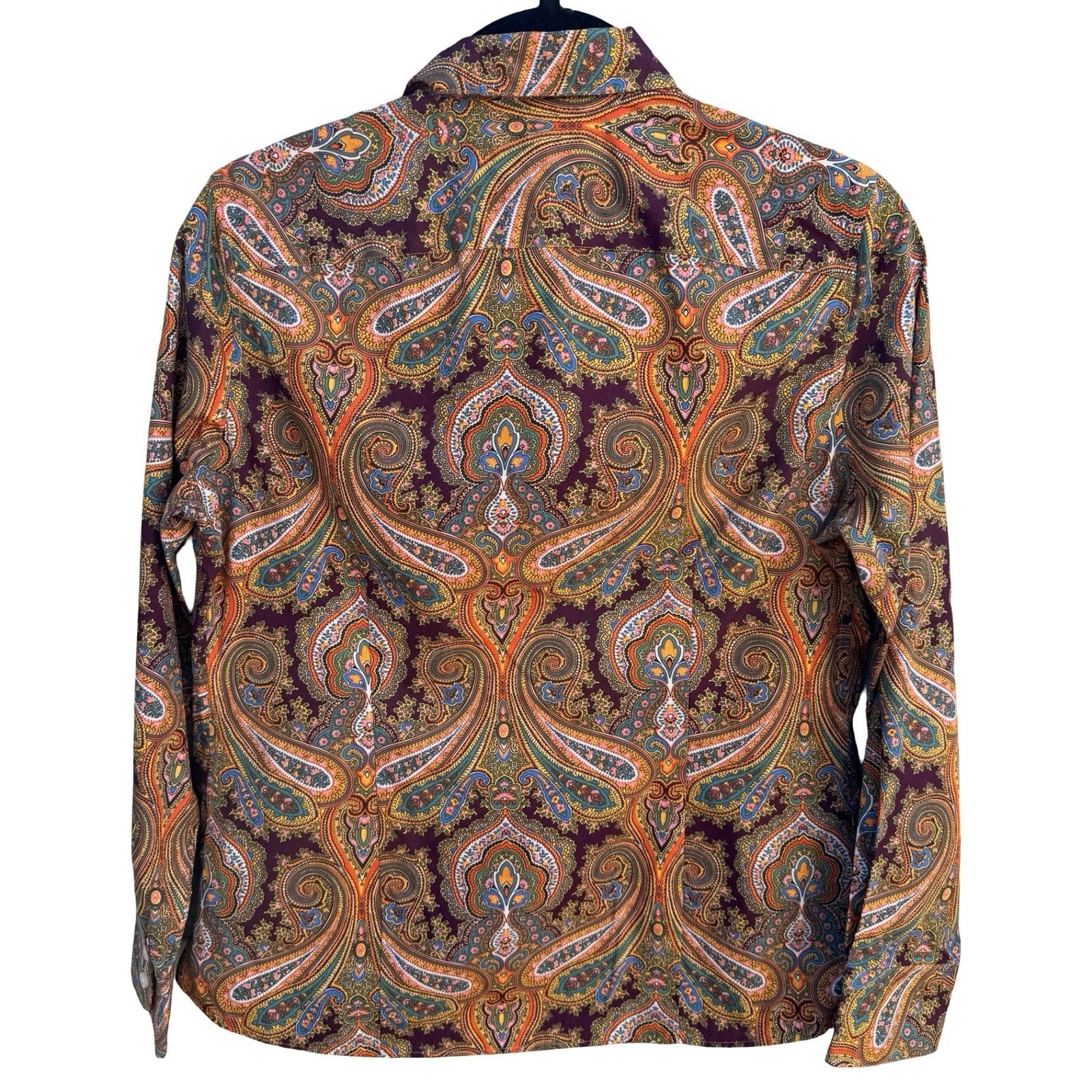Lands End No Iron Supima Cotton Paisley Button Down Shirt Brown Boho Preppy 6P
