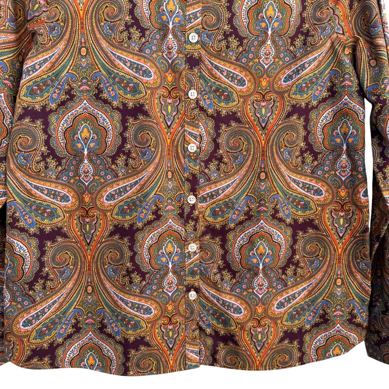 Lands End No Iron Supima Cotton Paisley Button Down Shirt Brown Boho Preppy 6P