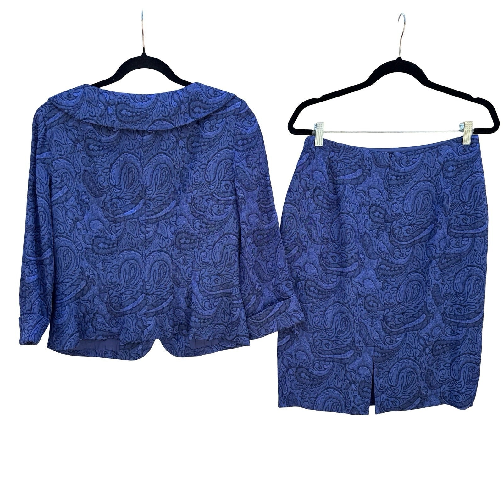 Maggy London Womens Blue Paisley Jacquard 2 Piece Skirt Suit Set Size 10 Vintage