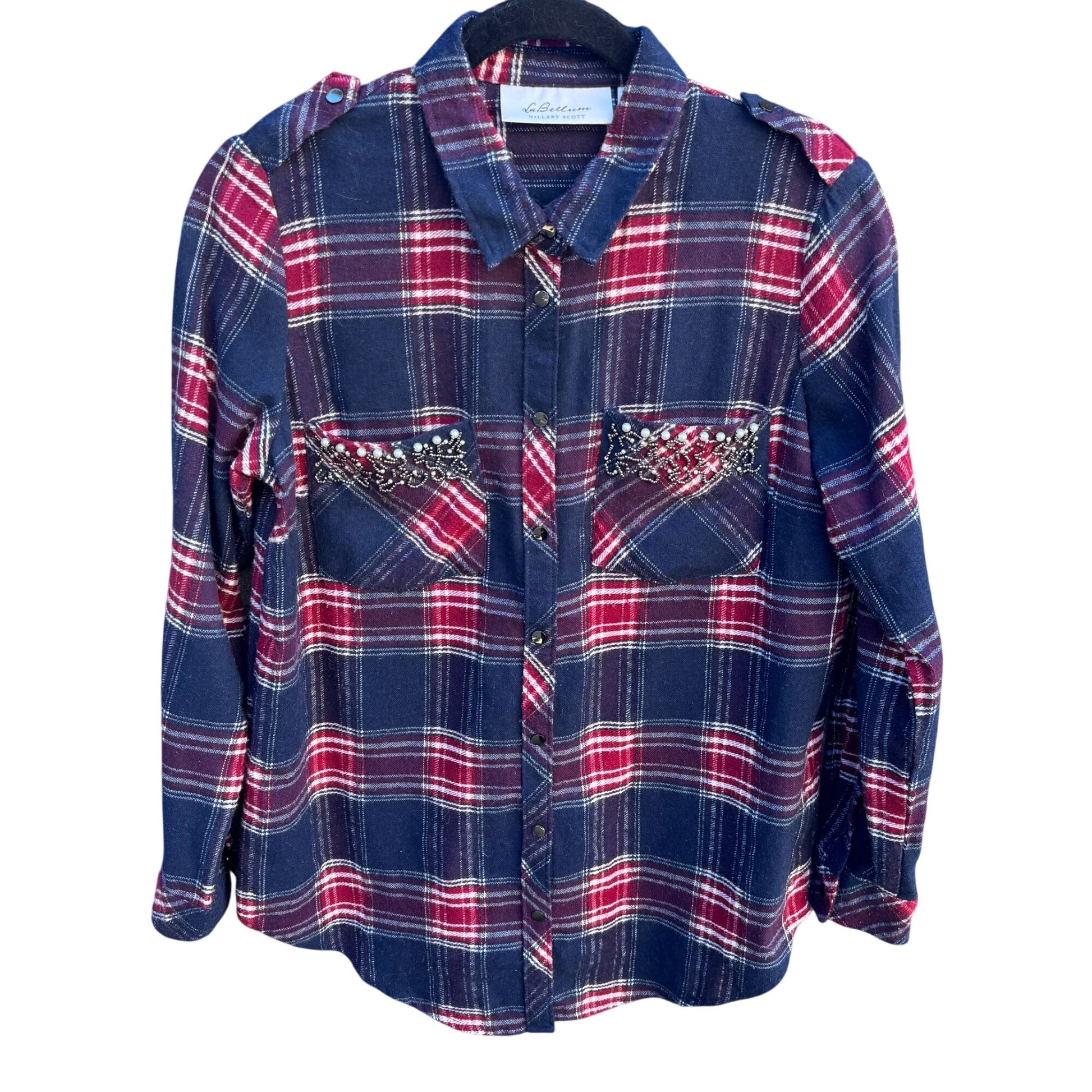 LaBellum Hillary Scott Womens Plaid Button Snap Western Rhinestone Pearl Shirt S
