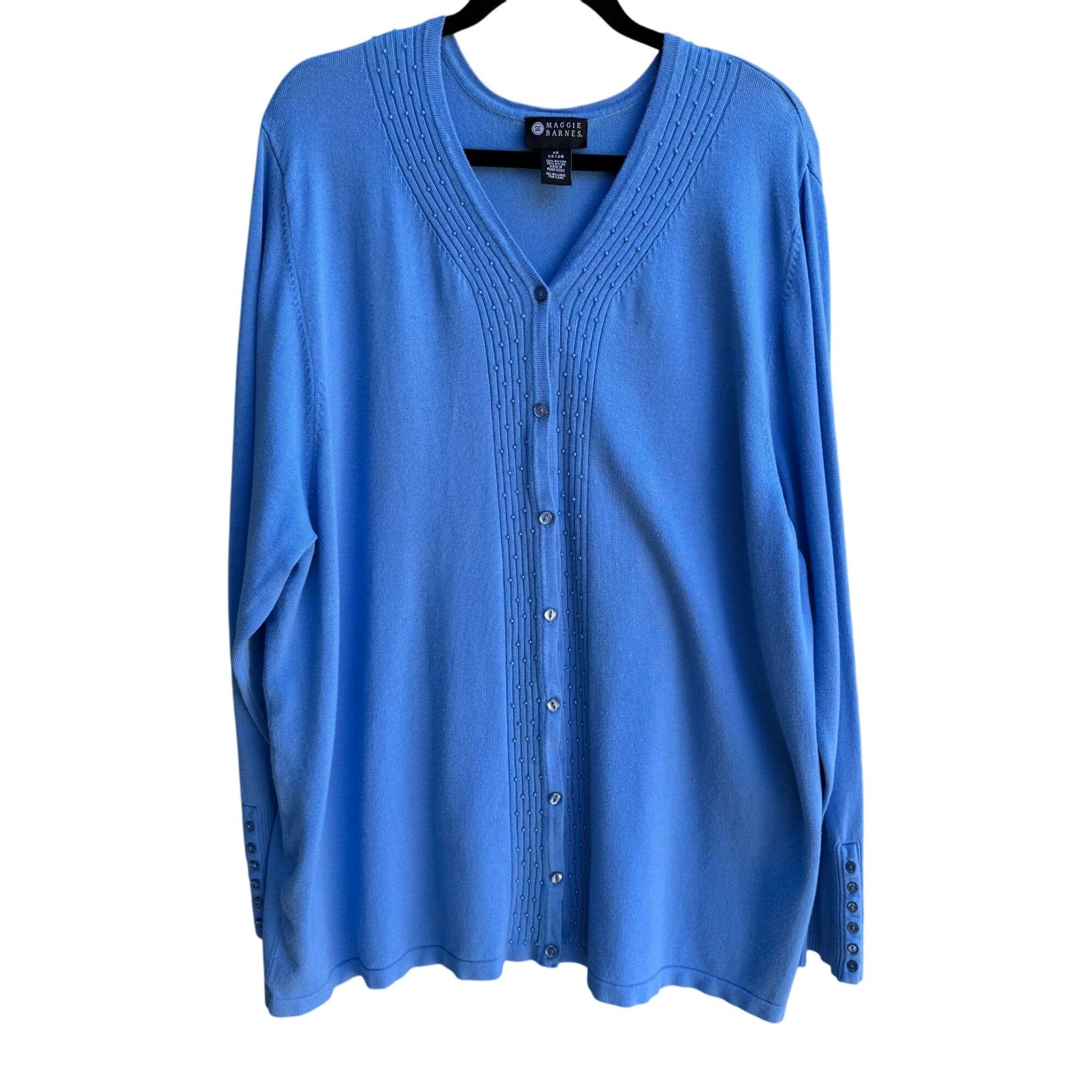 Maggie Barnes Womens Blue Button-Front Knit Beaded Long Sleeve Cardigan Sweater 2X