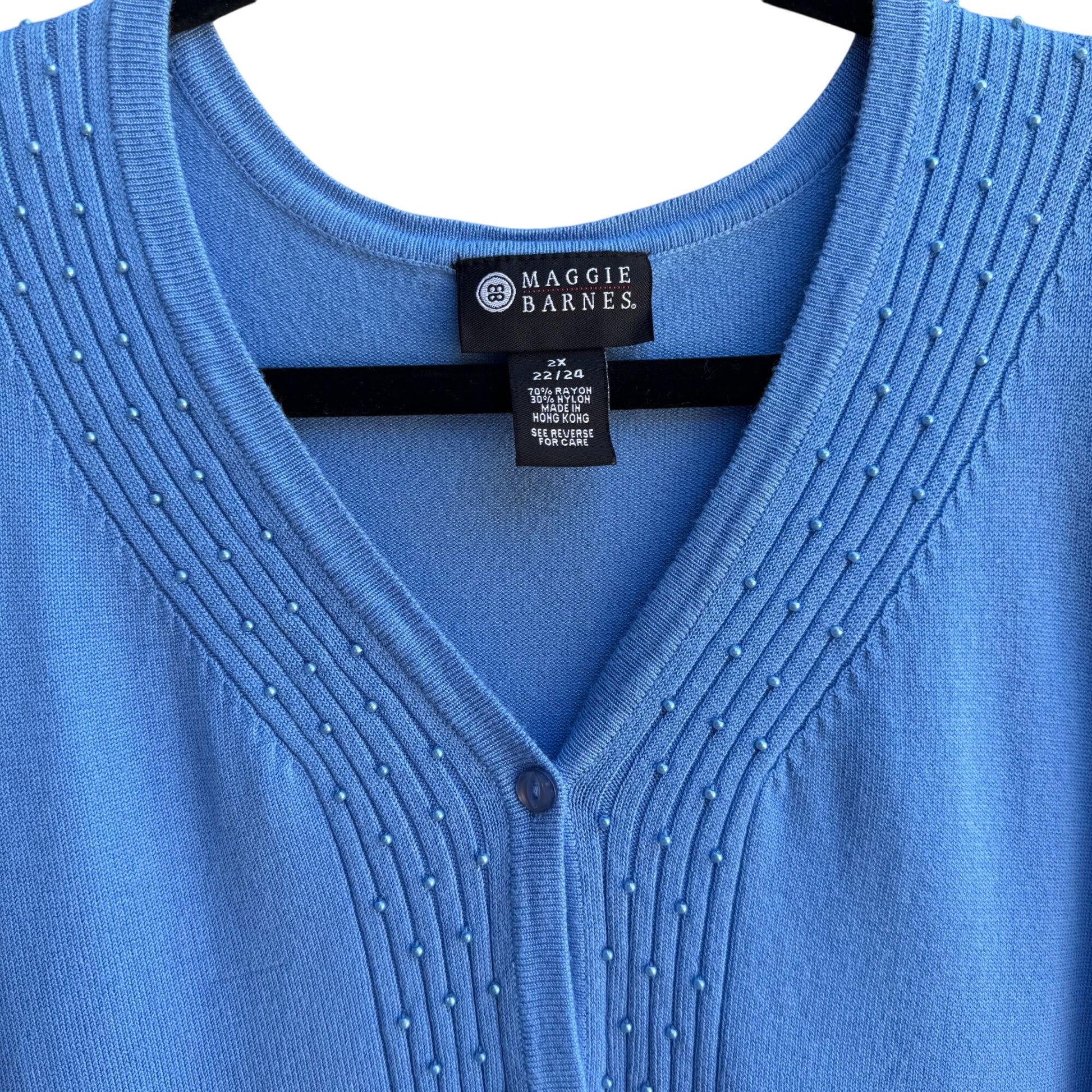 Maggie Barnes Womens Blue Button-Front Knit Beaded Long Sleeve Cardigan Sweater 2X