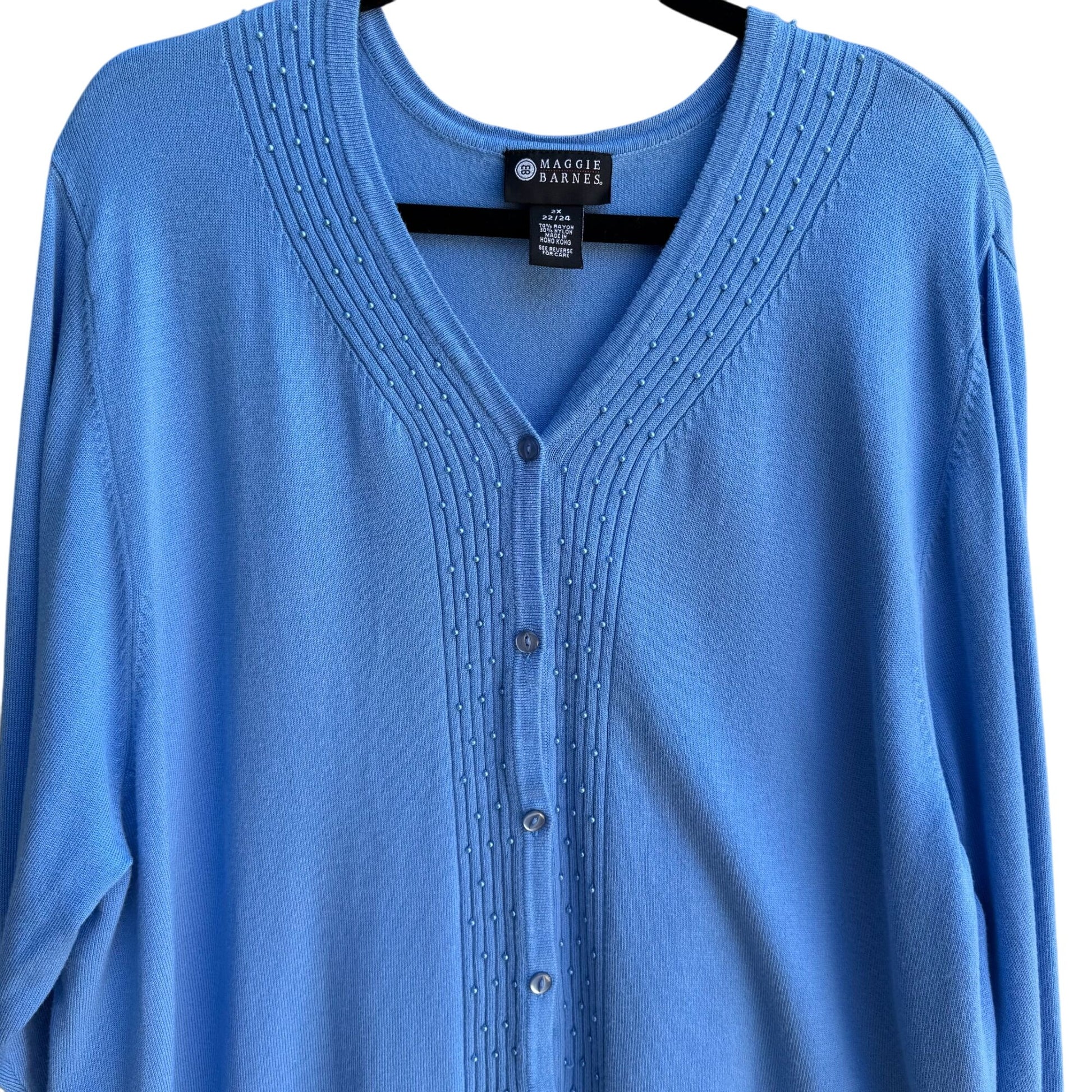 Maggie Barnes Womens Blue Button-Front Knit Beaded Long Sleeve Cardigan Sweater 2X