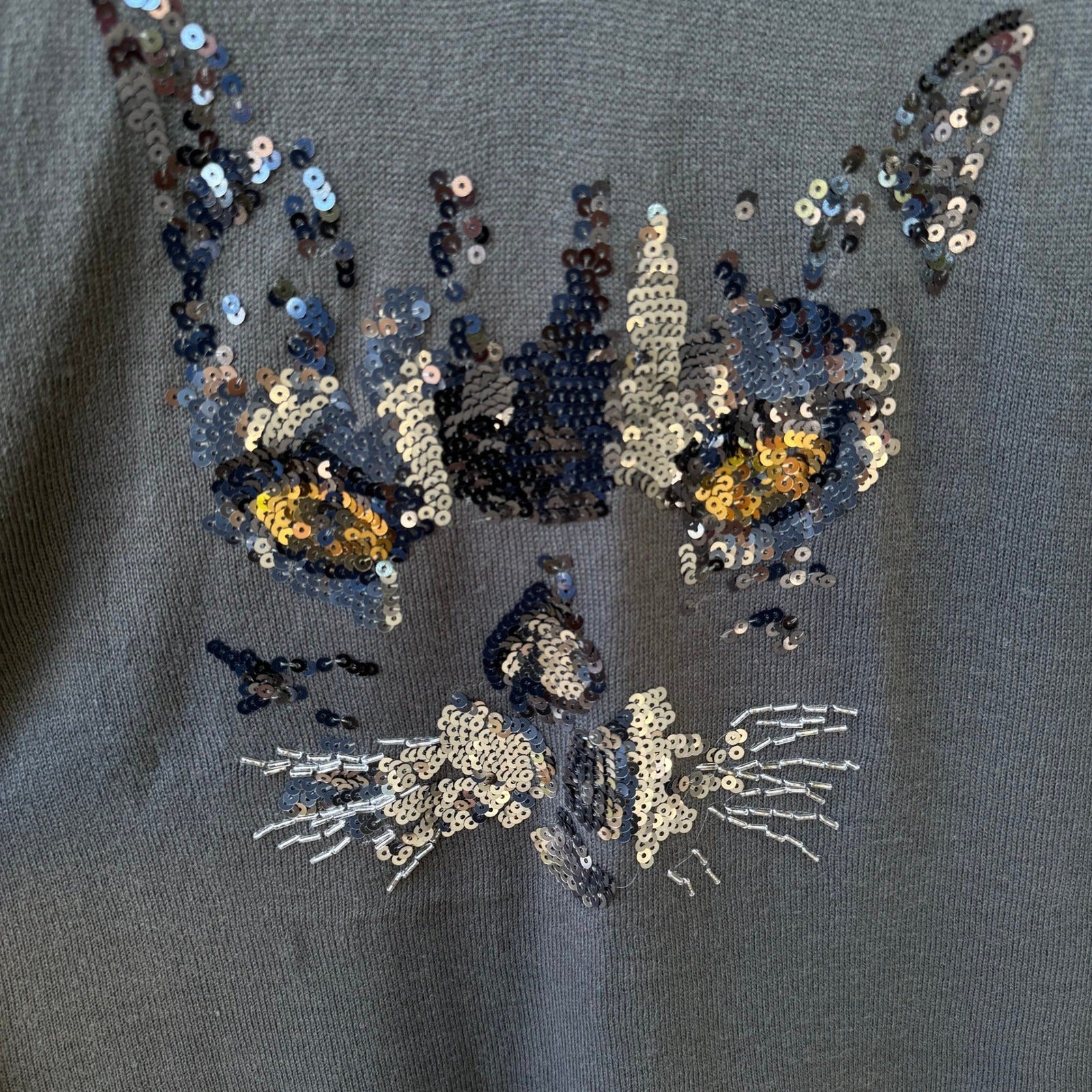 Diane Gilman Cat Lover Sequin Feline Sparkly Glam Oversized Tunic Sweater Grey M