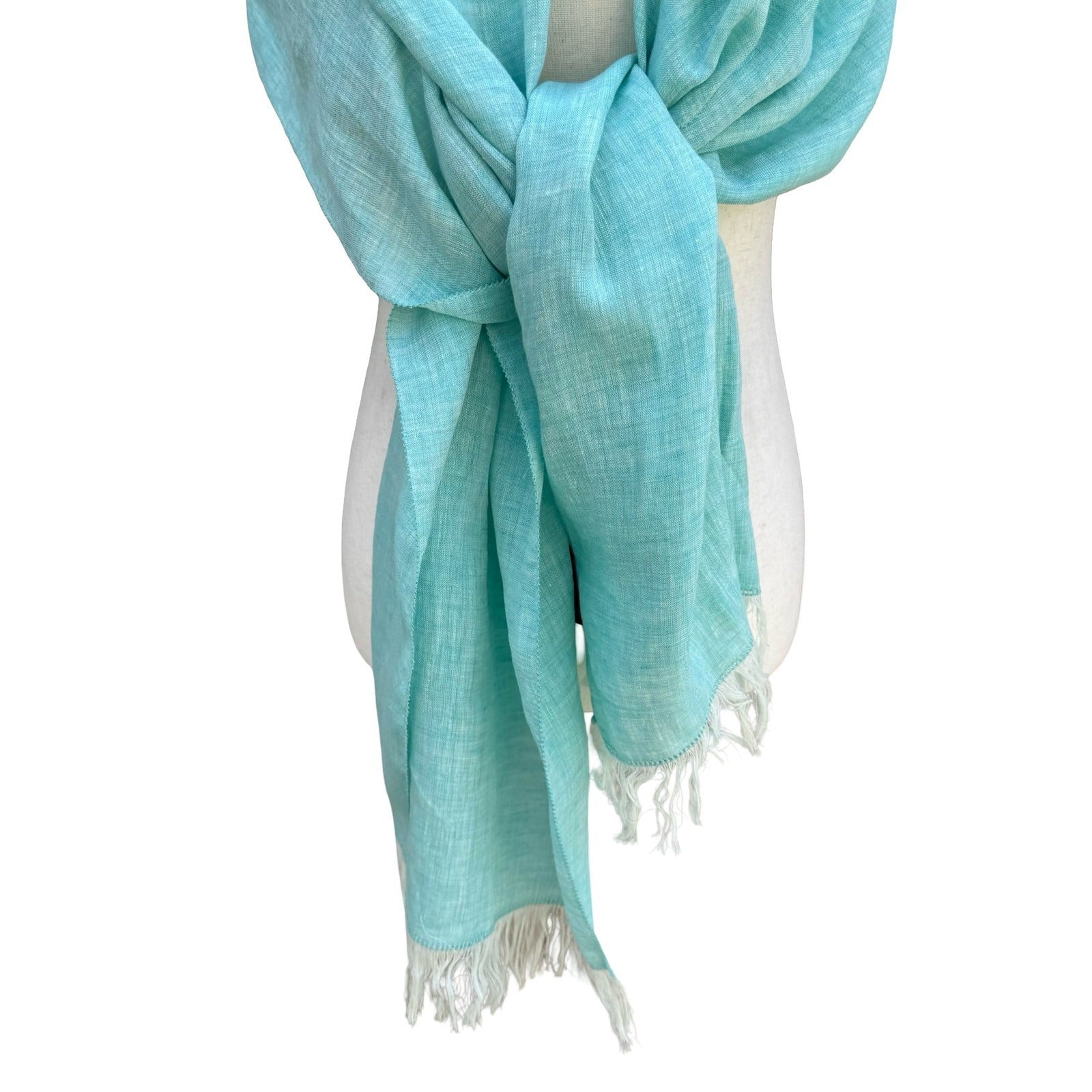 Lafayette 148 New York Coastal Boho Turquoise 100% Linen Fringe Scarf Wrap OS