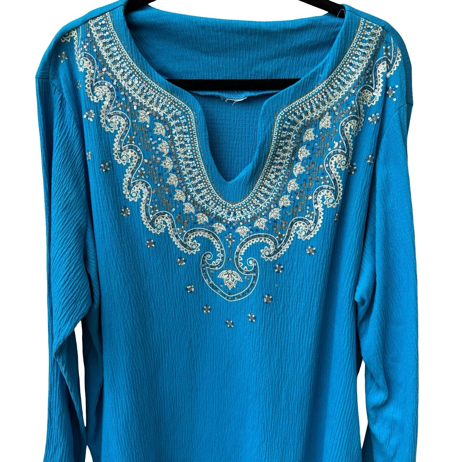 Boho Resortwear Turquoise Blue Sequin Embroidered Crinkle Peasant Tunic Top 2XL
