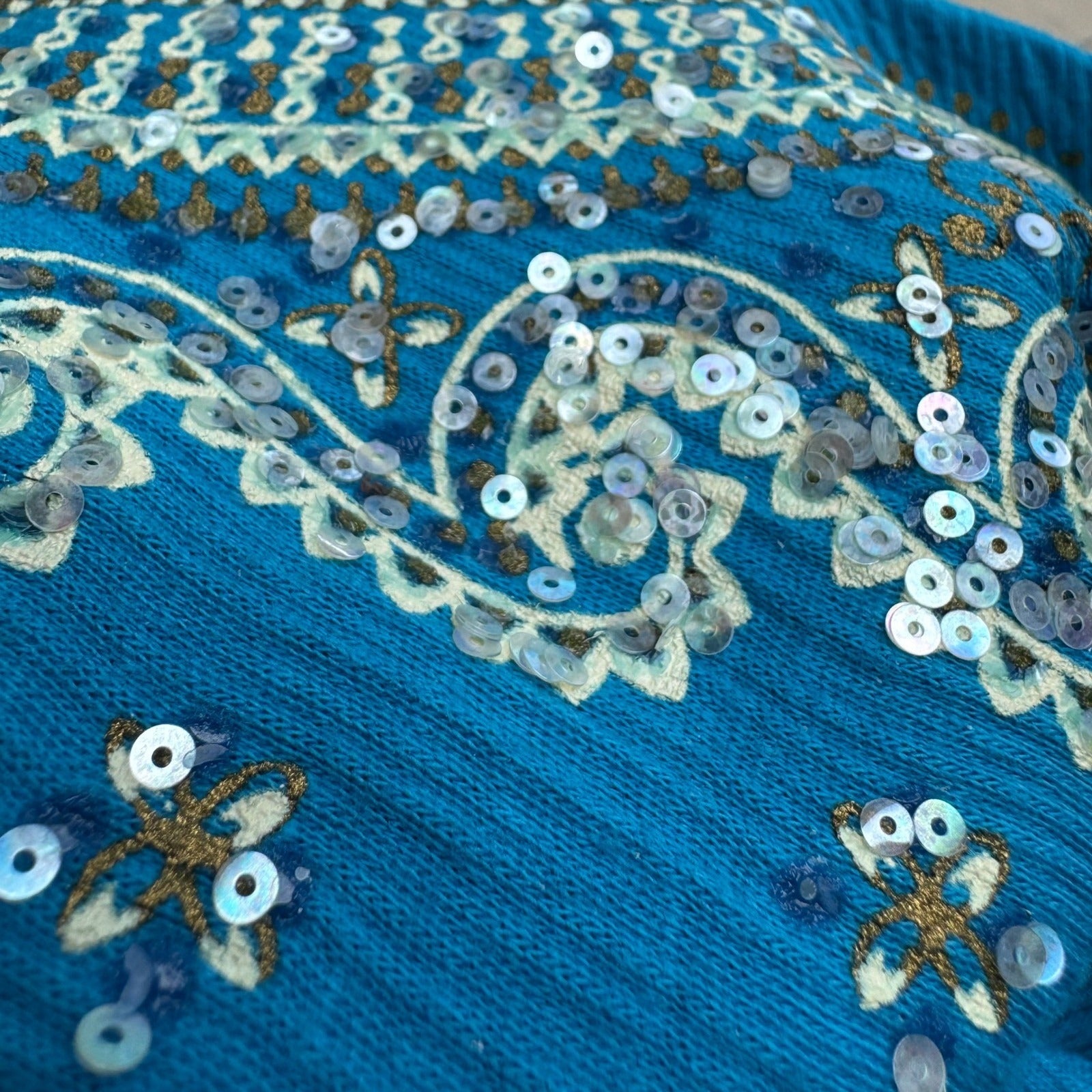 Boho Resortwear Turquoise Blue Sequin Embroidered Crinkle Peasant Tunic Top 2XL