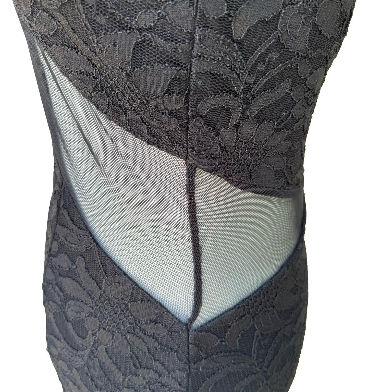 Black Floral Lace Mesh Cutout Bodycon Mini Cocktail Dress Open Back Sleeveless S