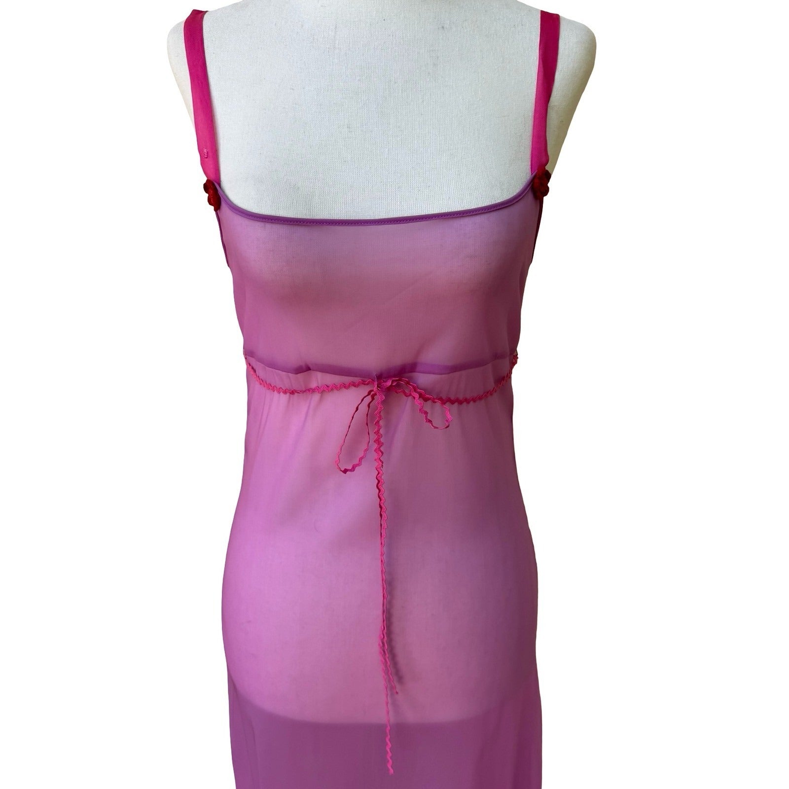 Vintage Y2K Sheer Coquette Fairy Romantic Boudoir Maxi Slip Dress Crochet Trim S