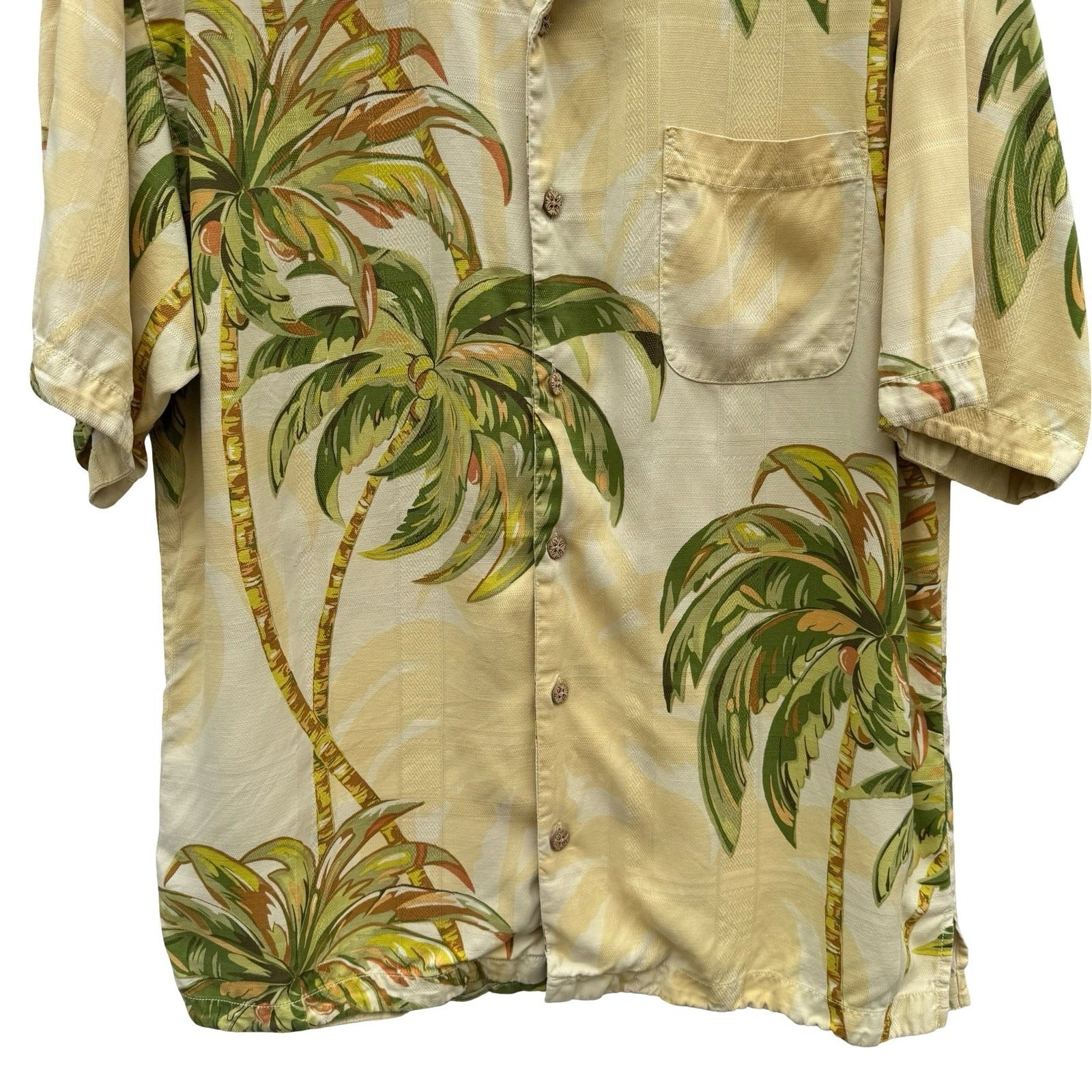 Tommy Bahama Mens M Yellow Silk Palm Tree Tropical Hawaiian Camp Shirt Short Slv