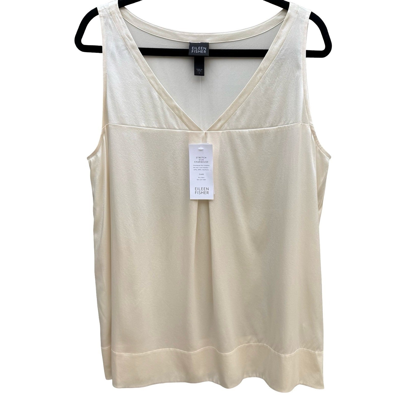 Eileen Fisher Silk Charmeuse Stretch Minimalist Luxury Basic Tunic Ivory L NEW