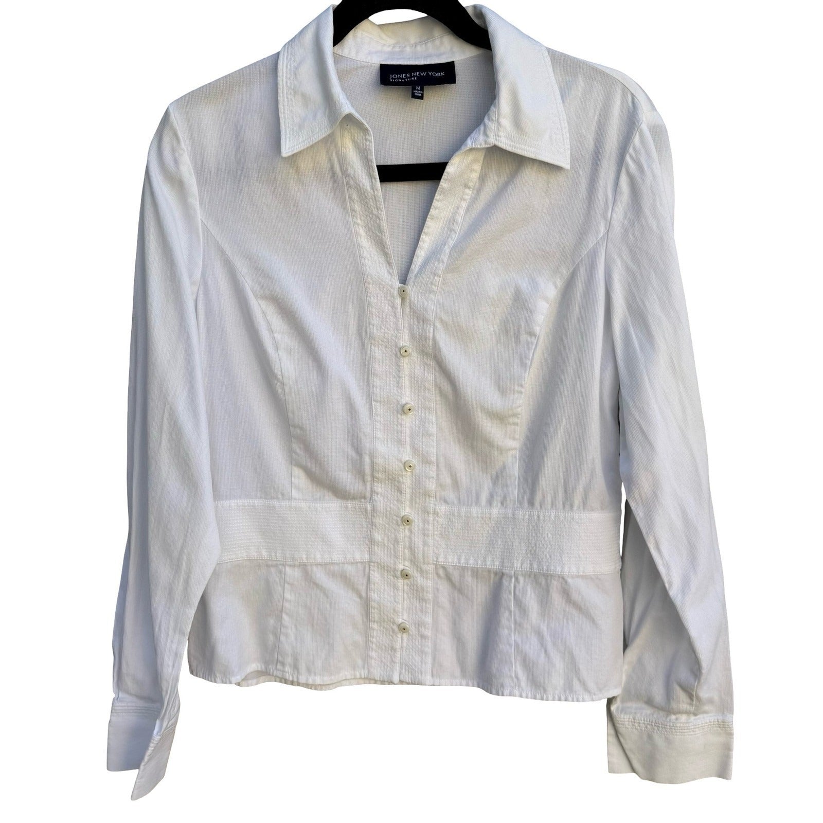 Jones New York Signature White Cotton Textured Button Down Shirt Sz M Minimalist