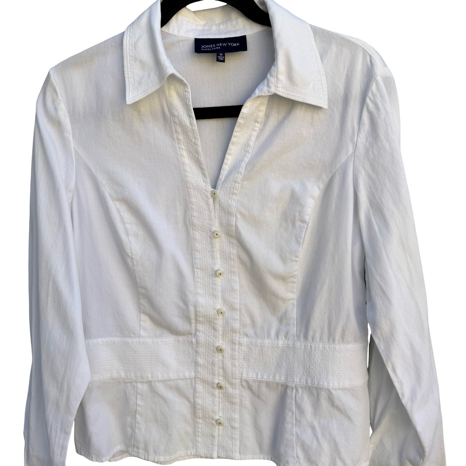Jones New York Signature White Cotton Textured Button Down Shirt Sz M Minimalist