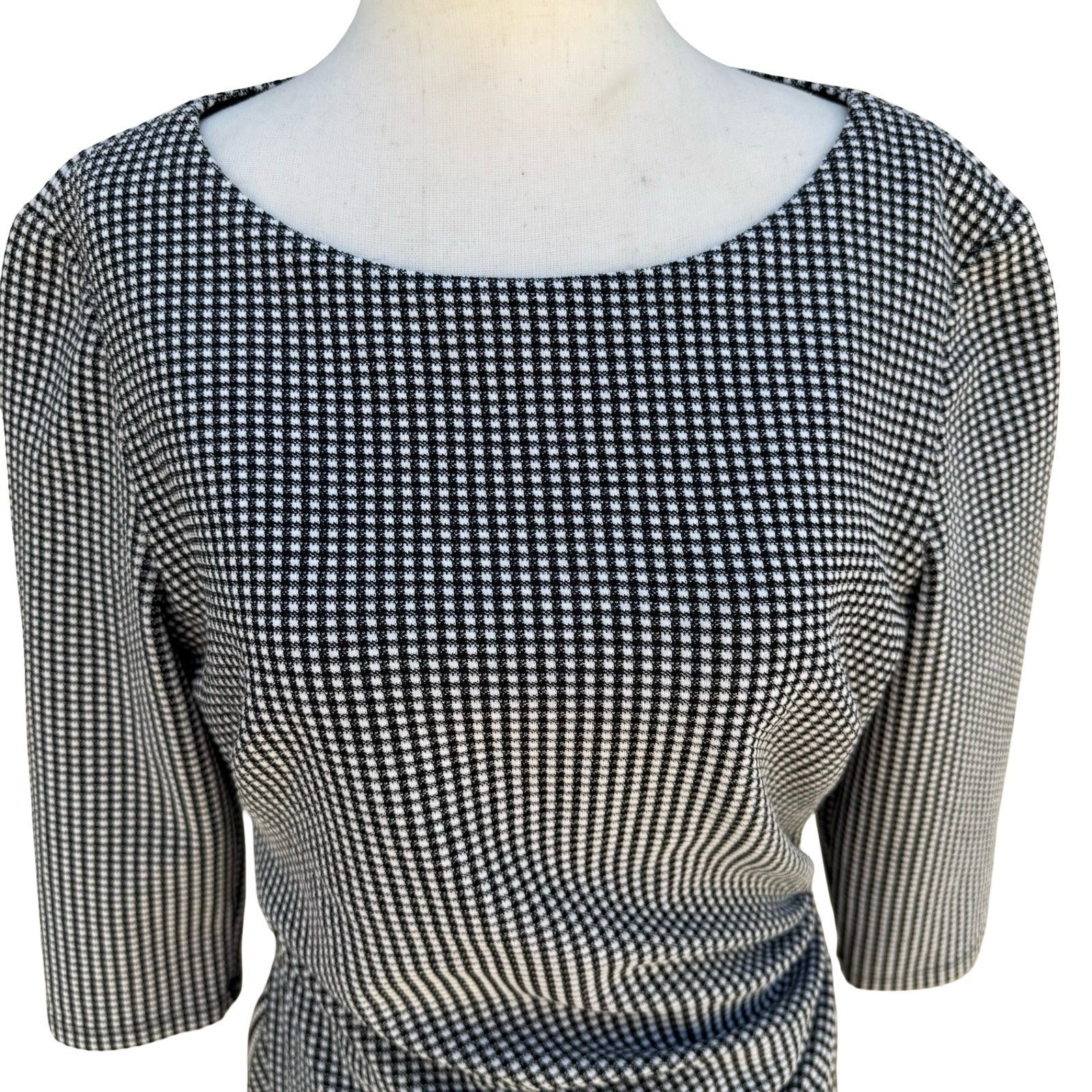 Lauren Ralph Lauren Black Micro Check Ruched Sheath Dress 3/4 Sleeve 12 Preppy