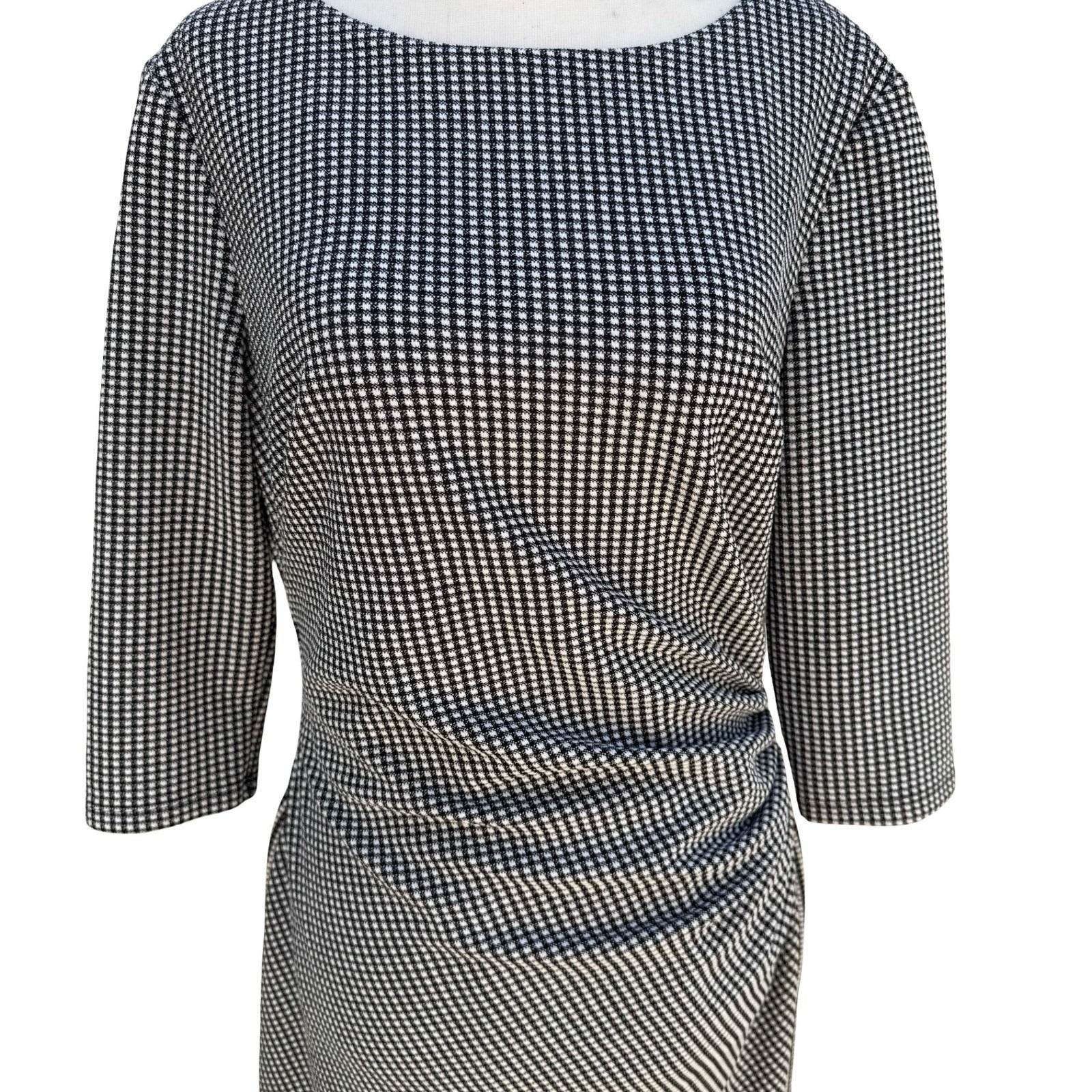 Lauren Ralph Lauren Black Micro Check Ruched Sheath Dress 3/4 Sleeve 12 Preppy