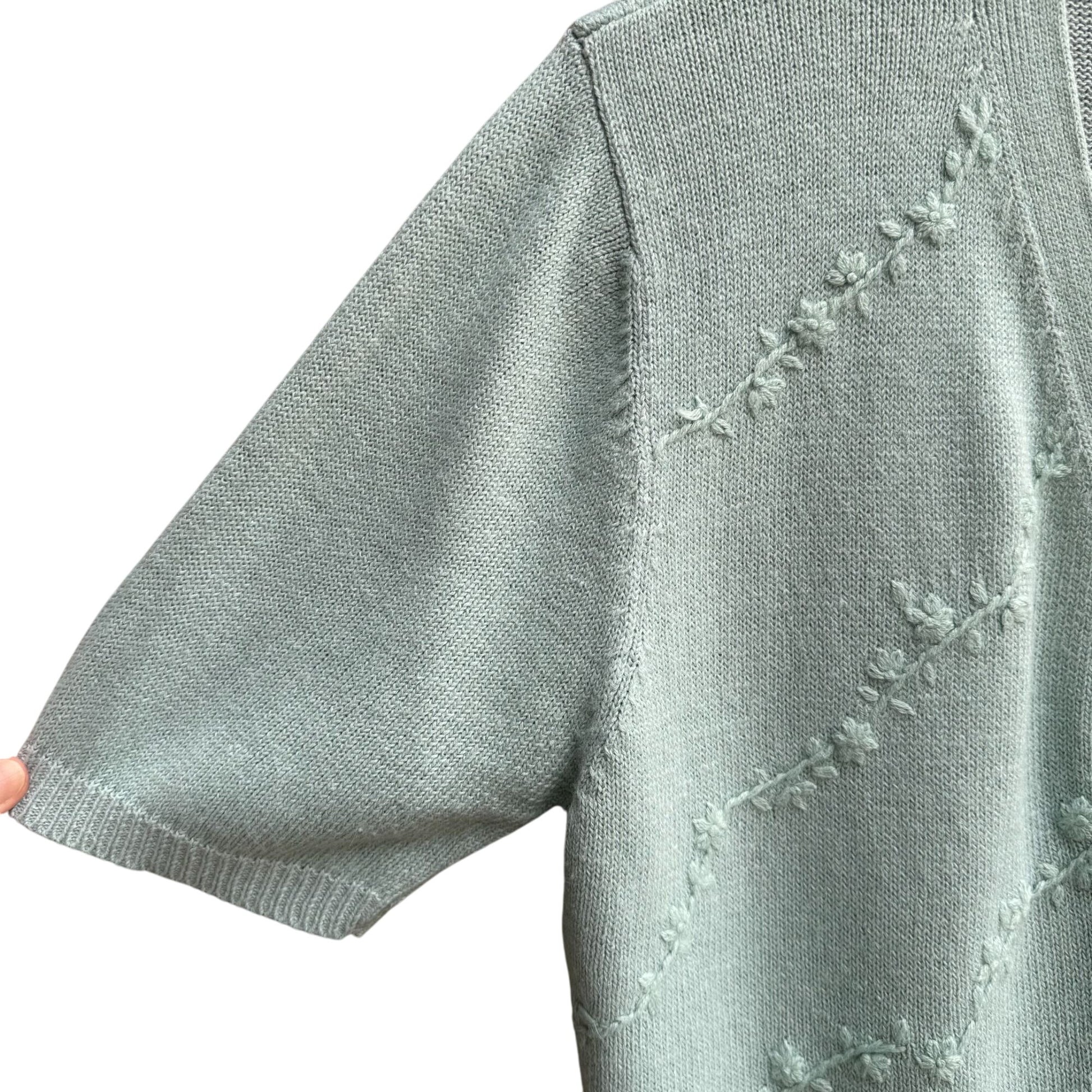 Epogee Vintage Womens Green Floral Embroidery Short Sleeve Cottage Cardigan L