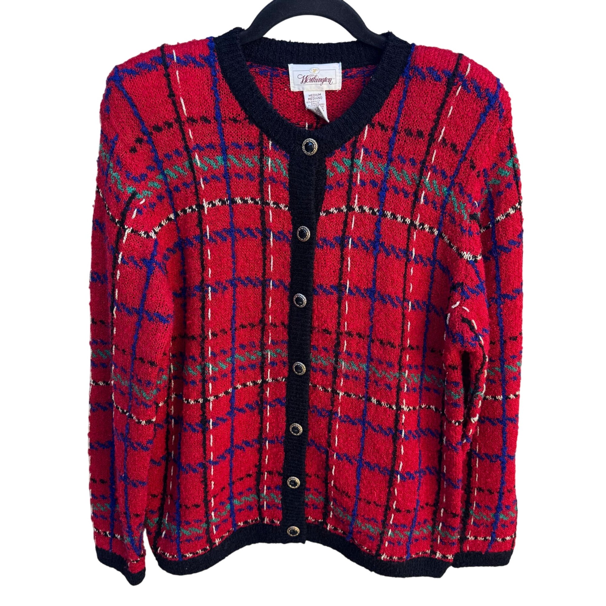 Worthington Vintage Old Money Red Plaid Button-Up Boucle Knit Cardigan Sweater M