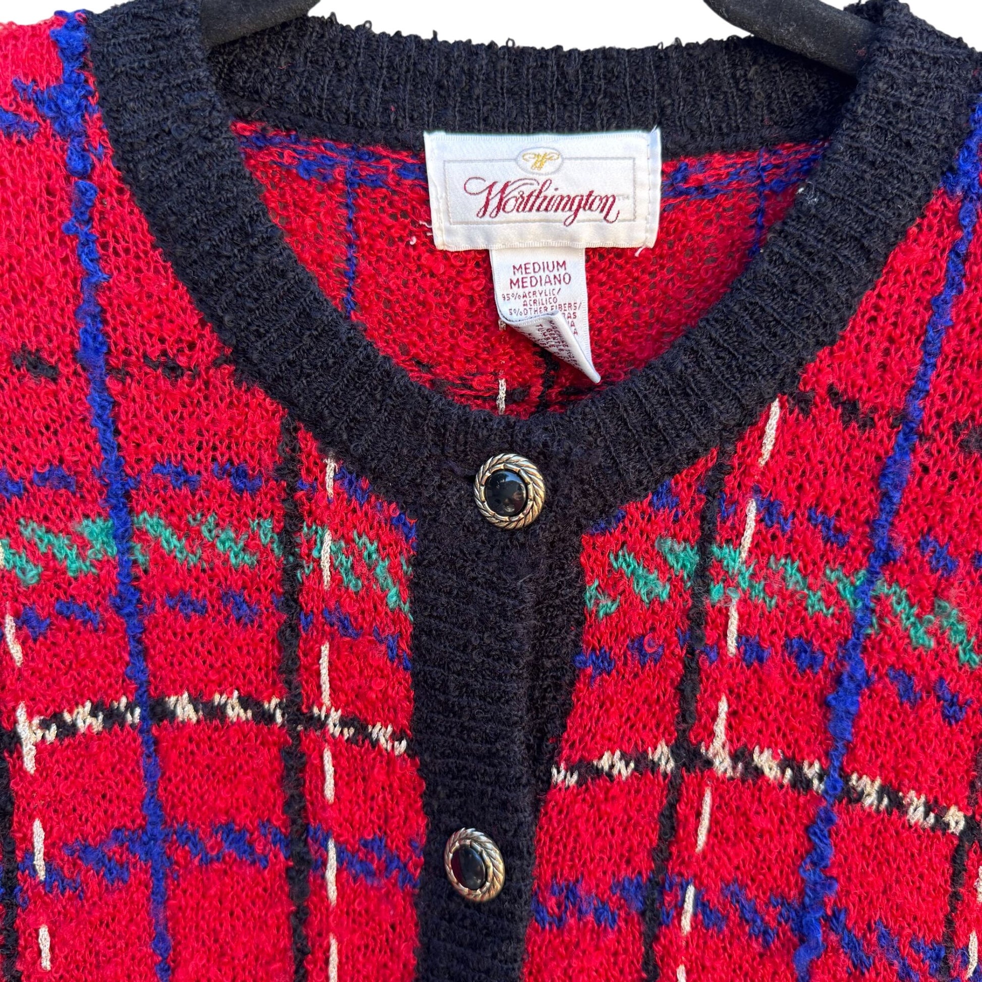Worthington Vintage Old Money Red Plaid Button-Up Boucle Knit Cardigan Sweater M