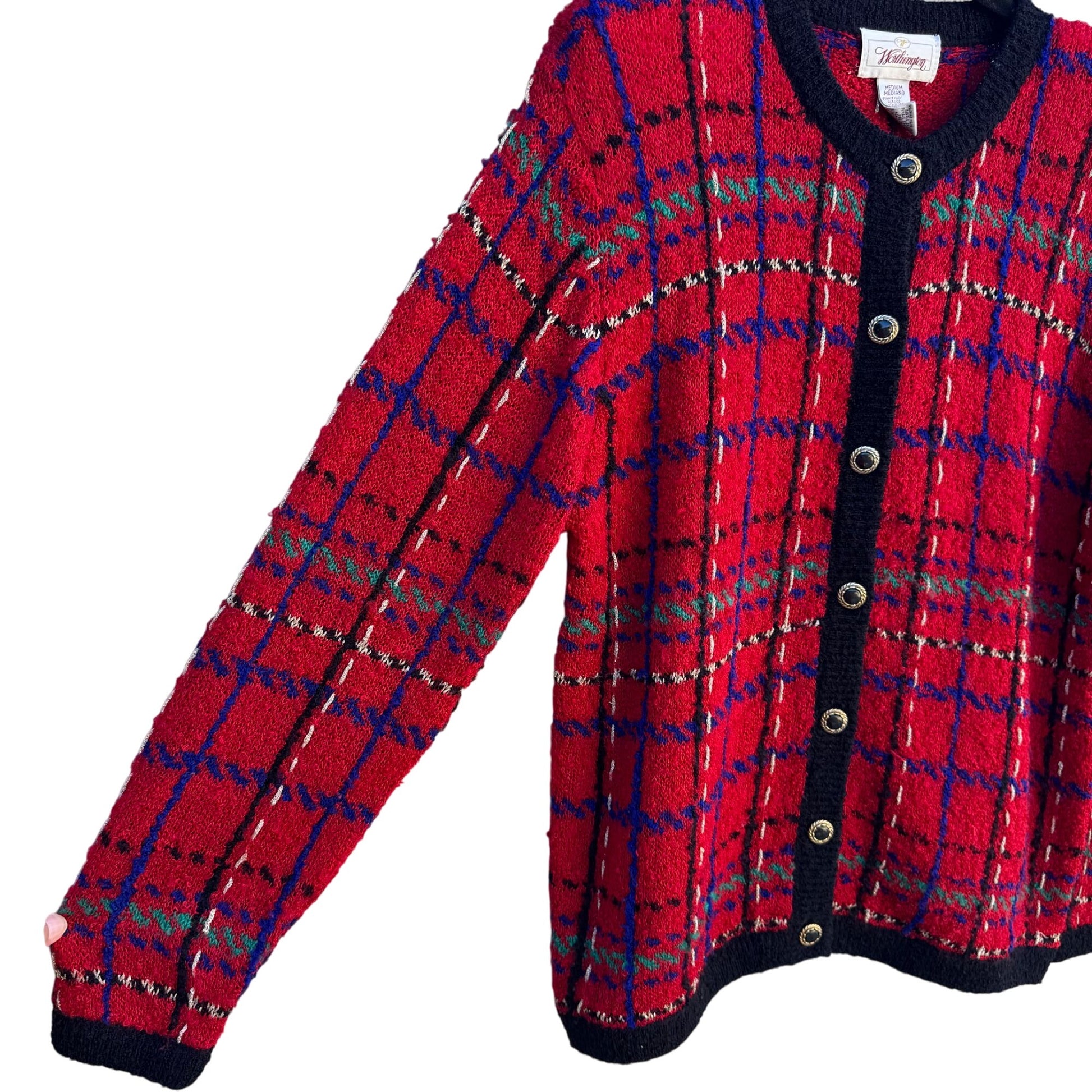Worthington Vintage Old Money Red Plaid Button-Up Boucle Knit Cardigan Sweater M