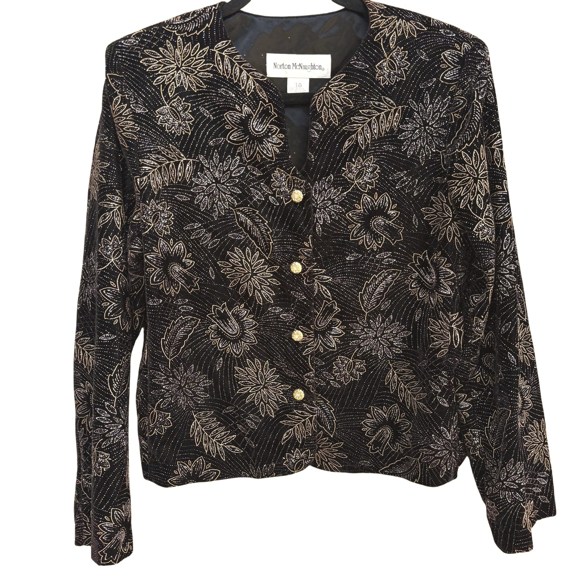 Norton McNaughton Vintage Womens Black & Gold Floral Button-Up Blazer Jacket 10