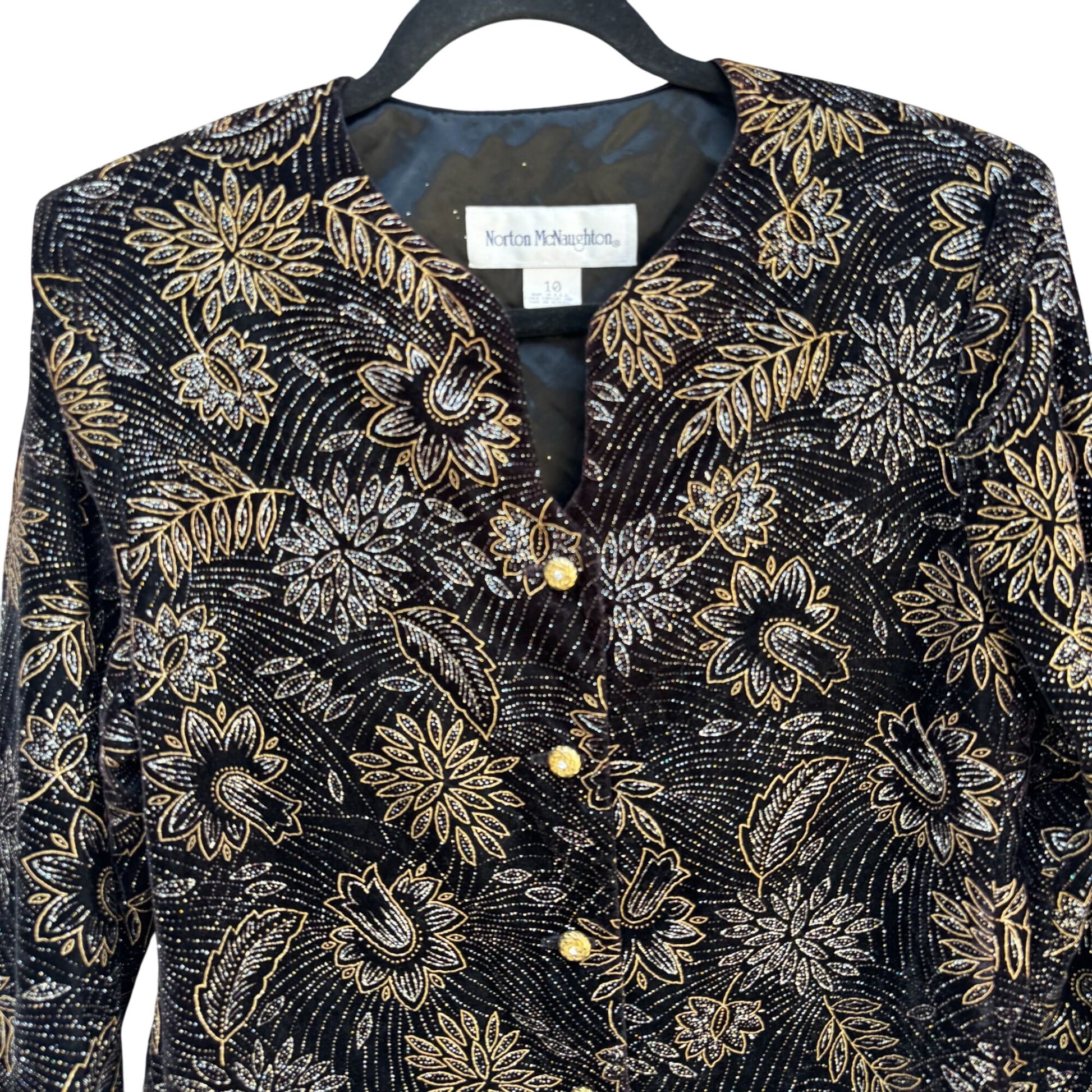 Norton McNaughton Vintage Womens Black & Gold Floral Button-Up Blazer Jacket 10