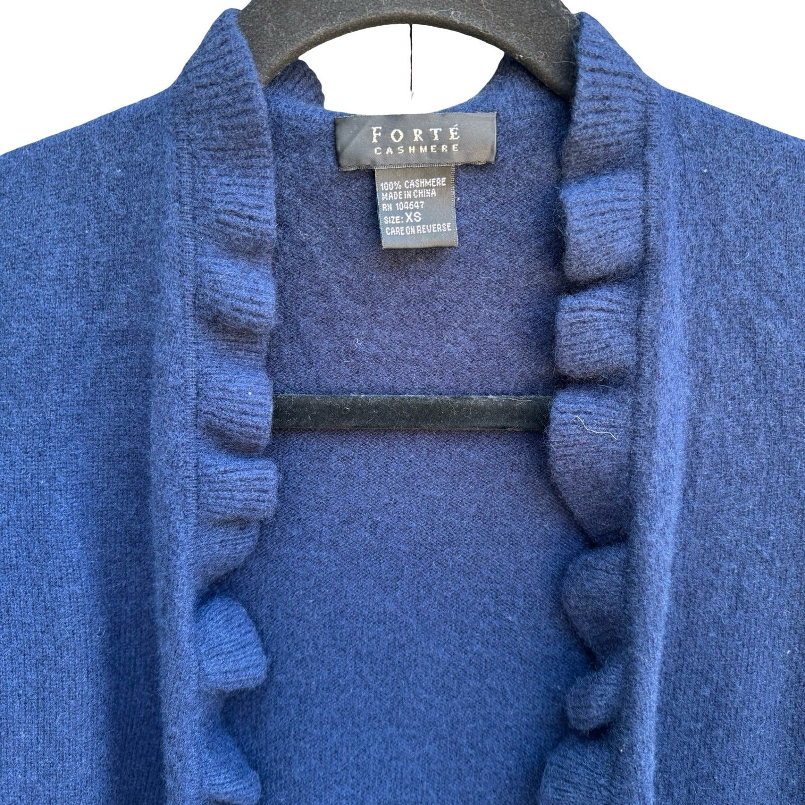 Forte Cashmere Coquette Quiet Luxury Ruffle Open Front Cardigan Sweater Navy XS