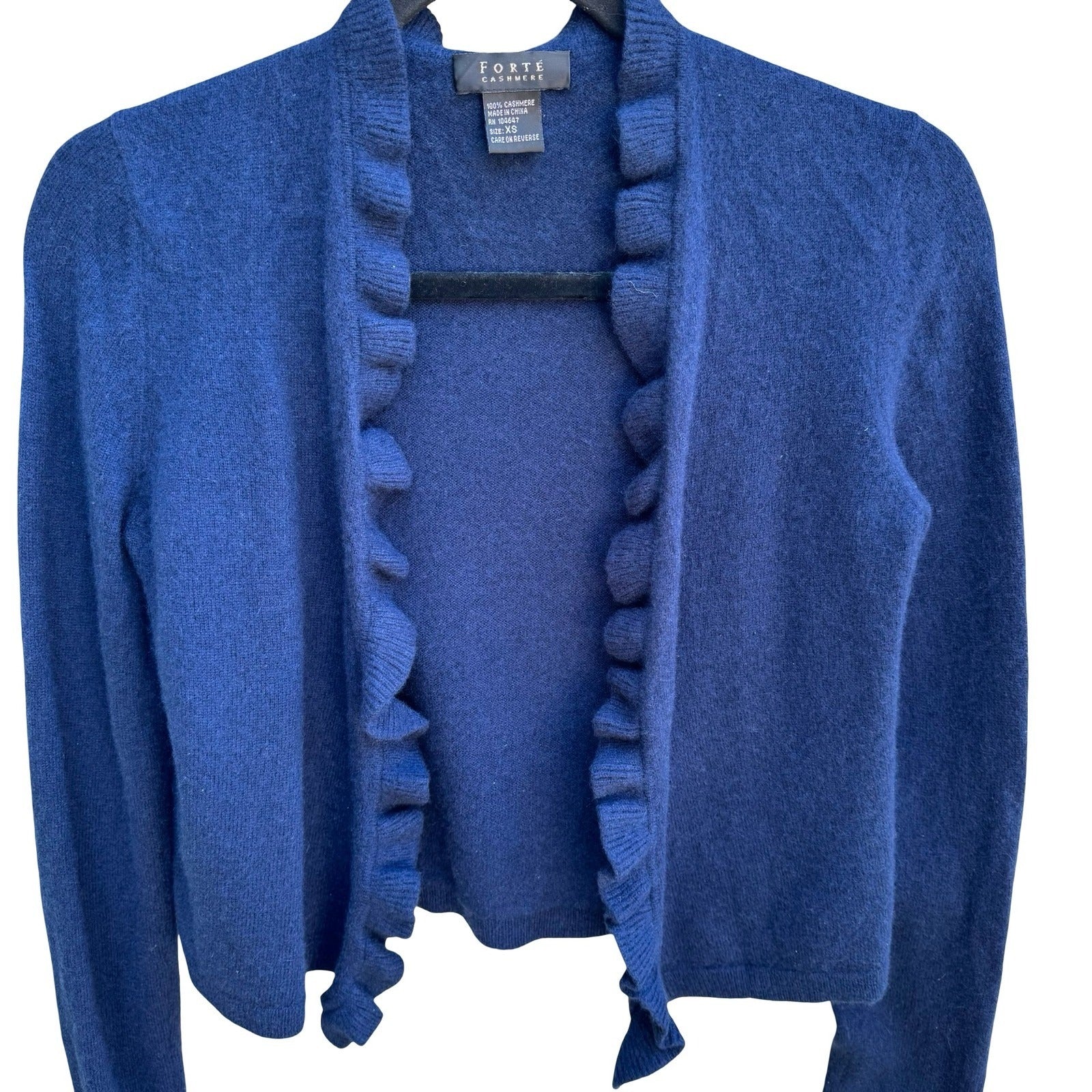 Forte Cashmere Coquette Quiet Luxury Ruffle Open Front Cardigan Sweater Navy XS