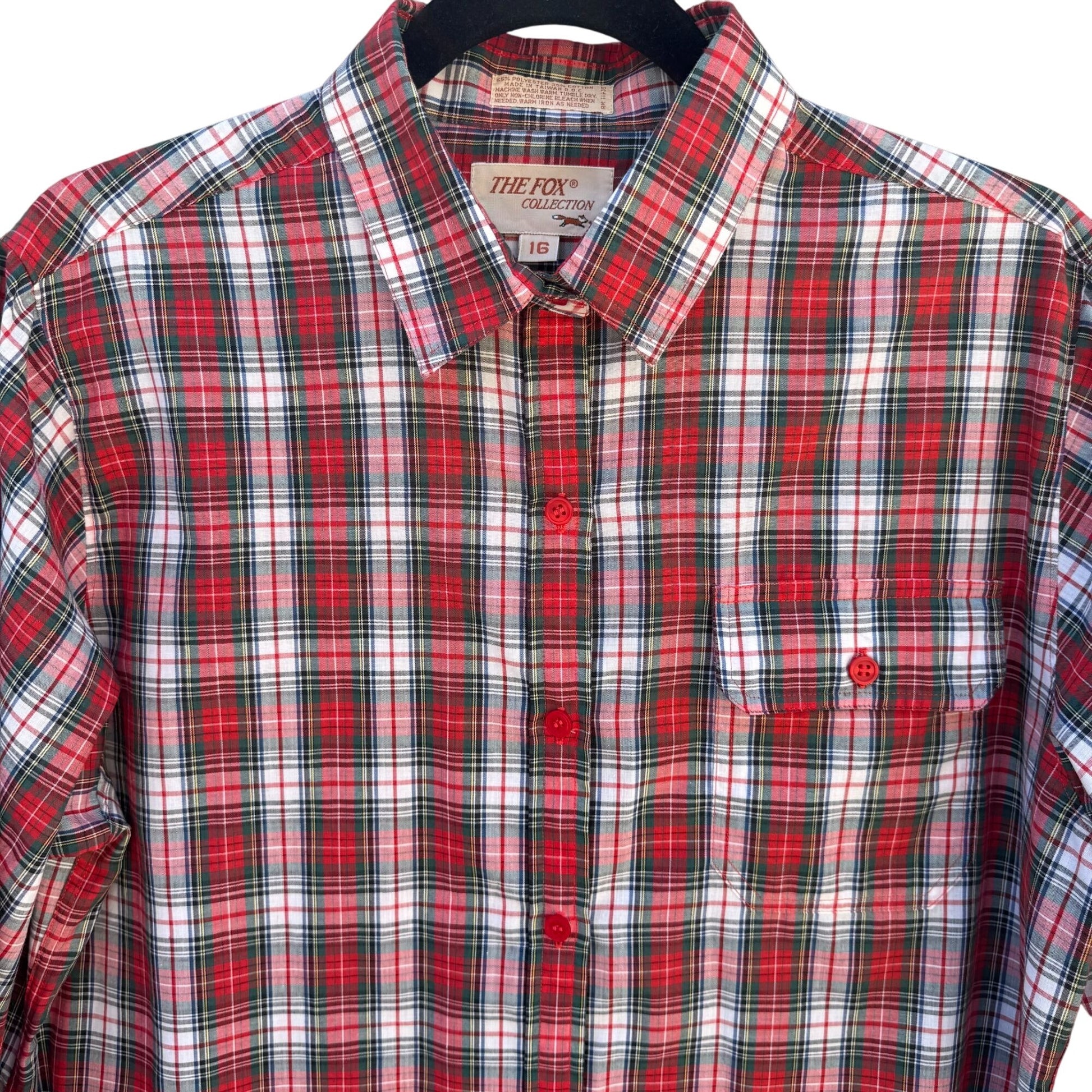 The Fox Collection Womens Red Plaid Button-Up Long Sleeve Cotton Blend Shirt 16