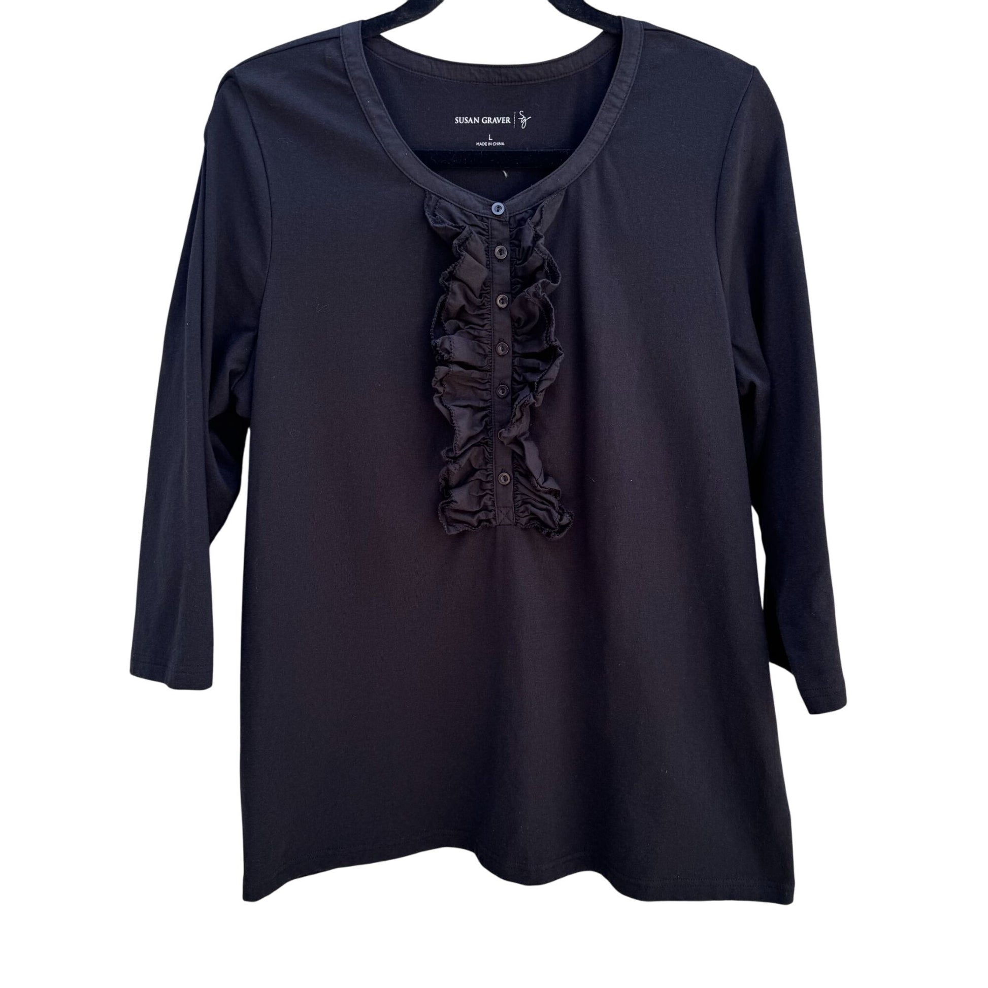 Susan Graver Womens Black Ruffle Front 3/4 Sleeve Knit Cotton Spandex Top L