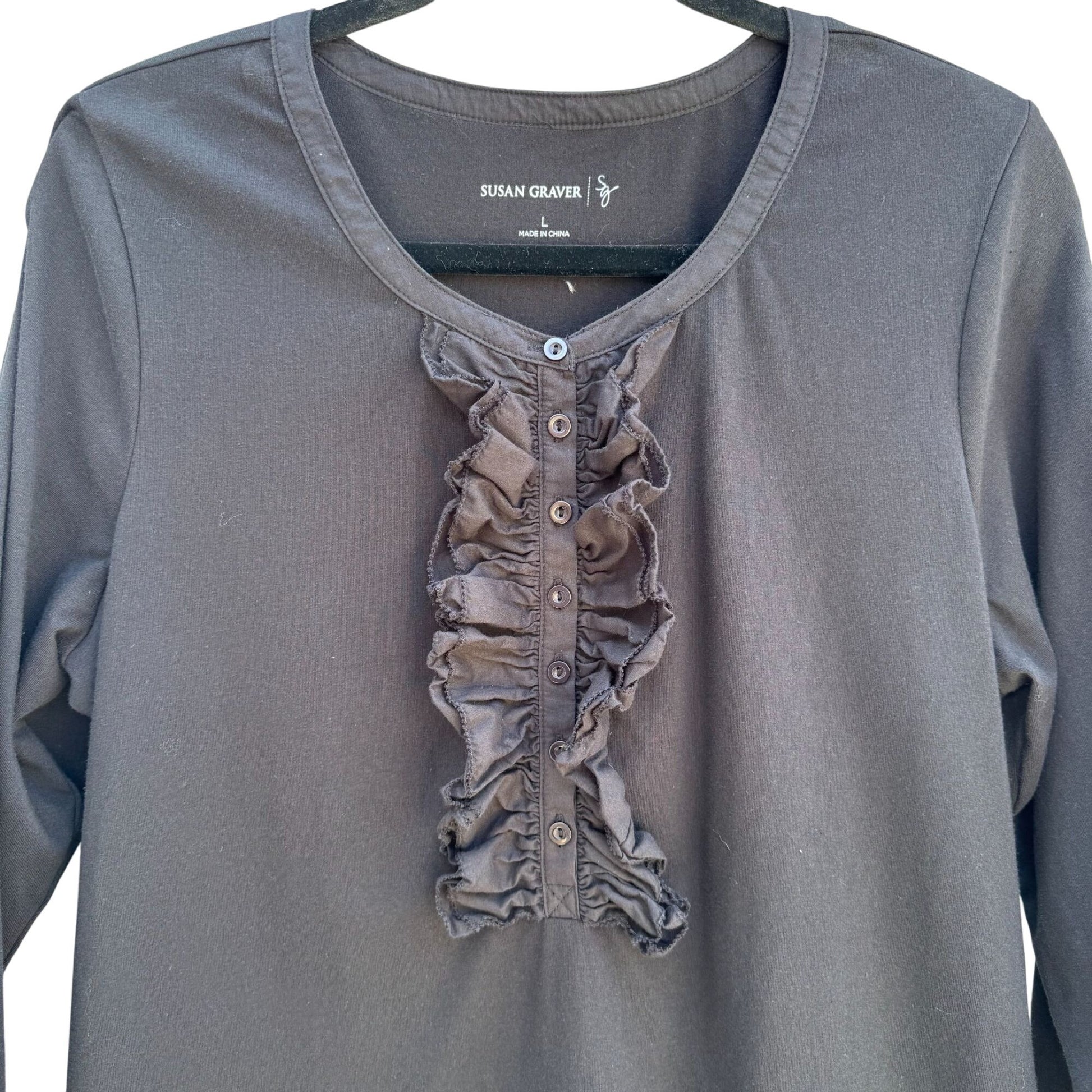 Susan Graver Womens Black Ruffle Front 3/4 Sleeve Knit Cotton Spandex Top L