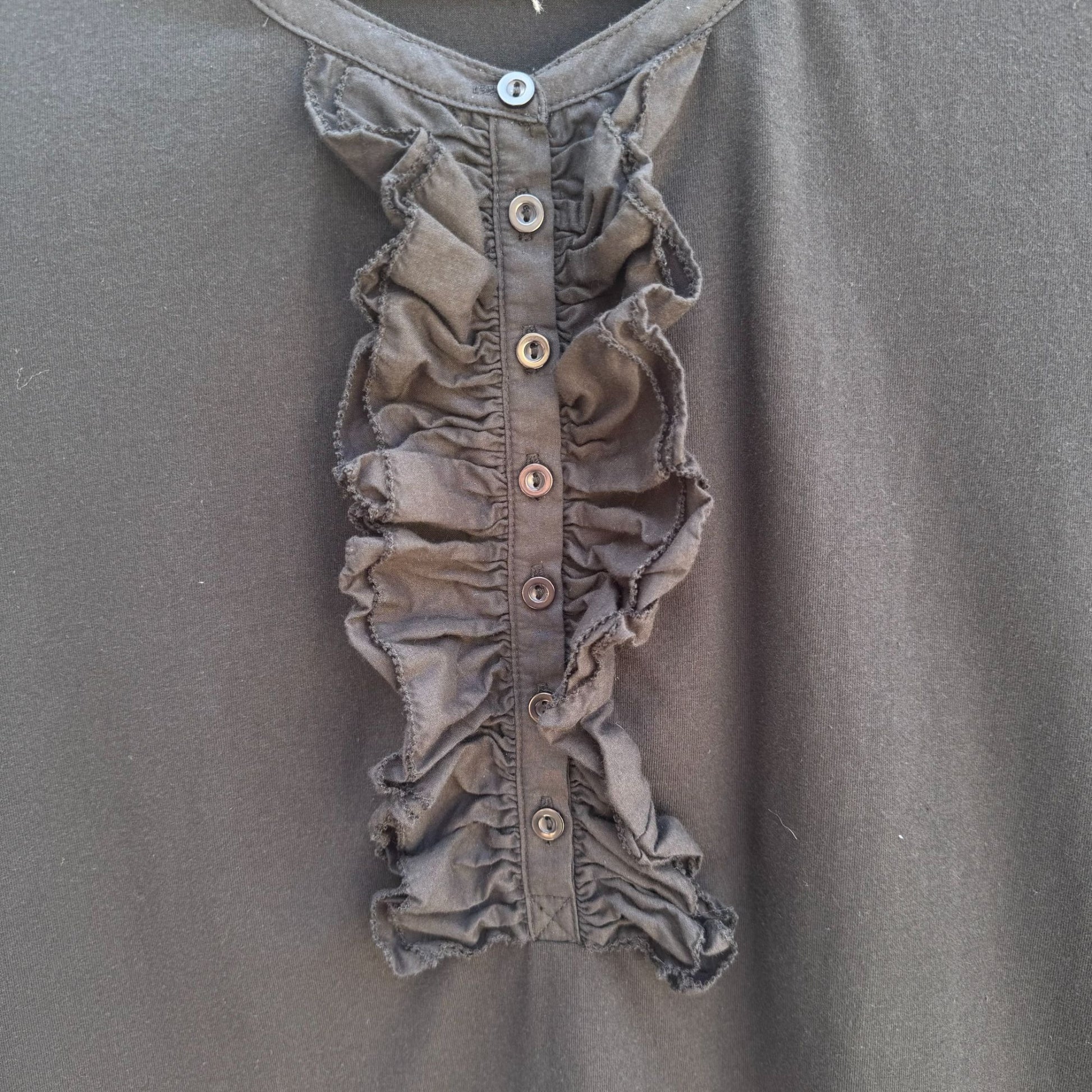 Susan Graver Womens Black Ruffle Front 3/4 Sleeve Knit Cotton Spandex Top L