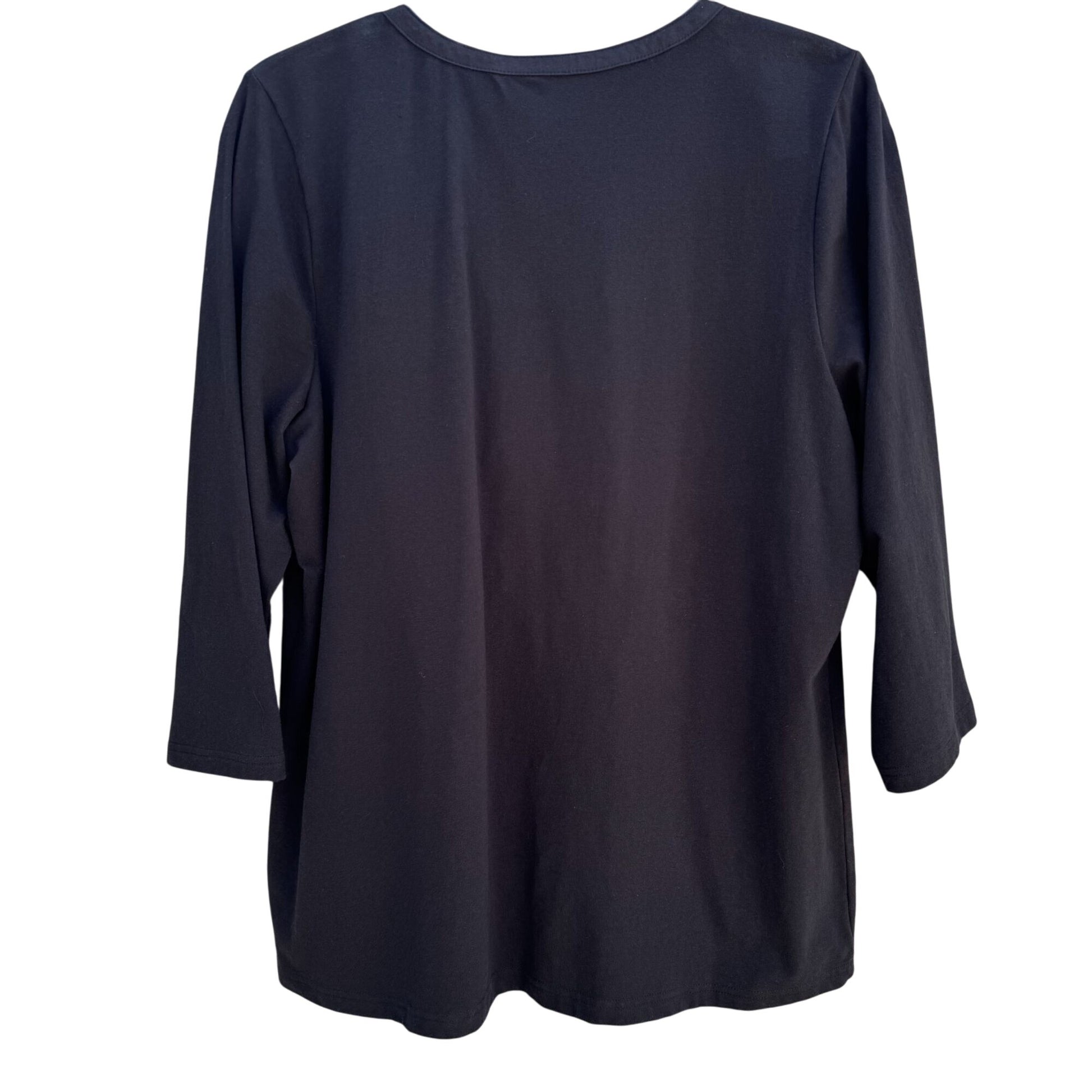 Susan Graver Womens Black Ruffle Front 3/4 Sleeve Knit Cotton Spandex Top L