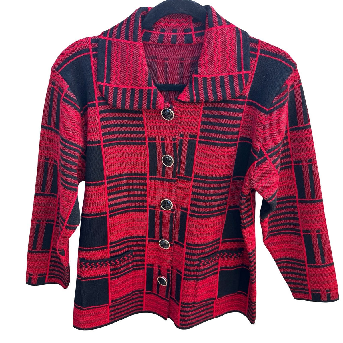Dark Academia Vintage Mod Geometric Preppy Plaid Knit Cardigan Red Womens L