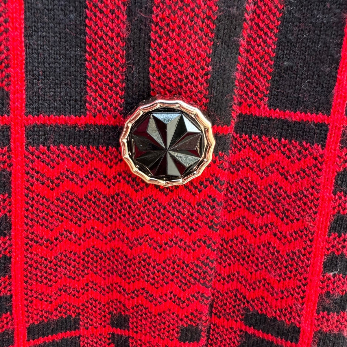Dark Academia Vintage Mod Geometric Preppy Plaid Knit Cardigan Red Womens L