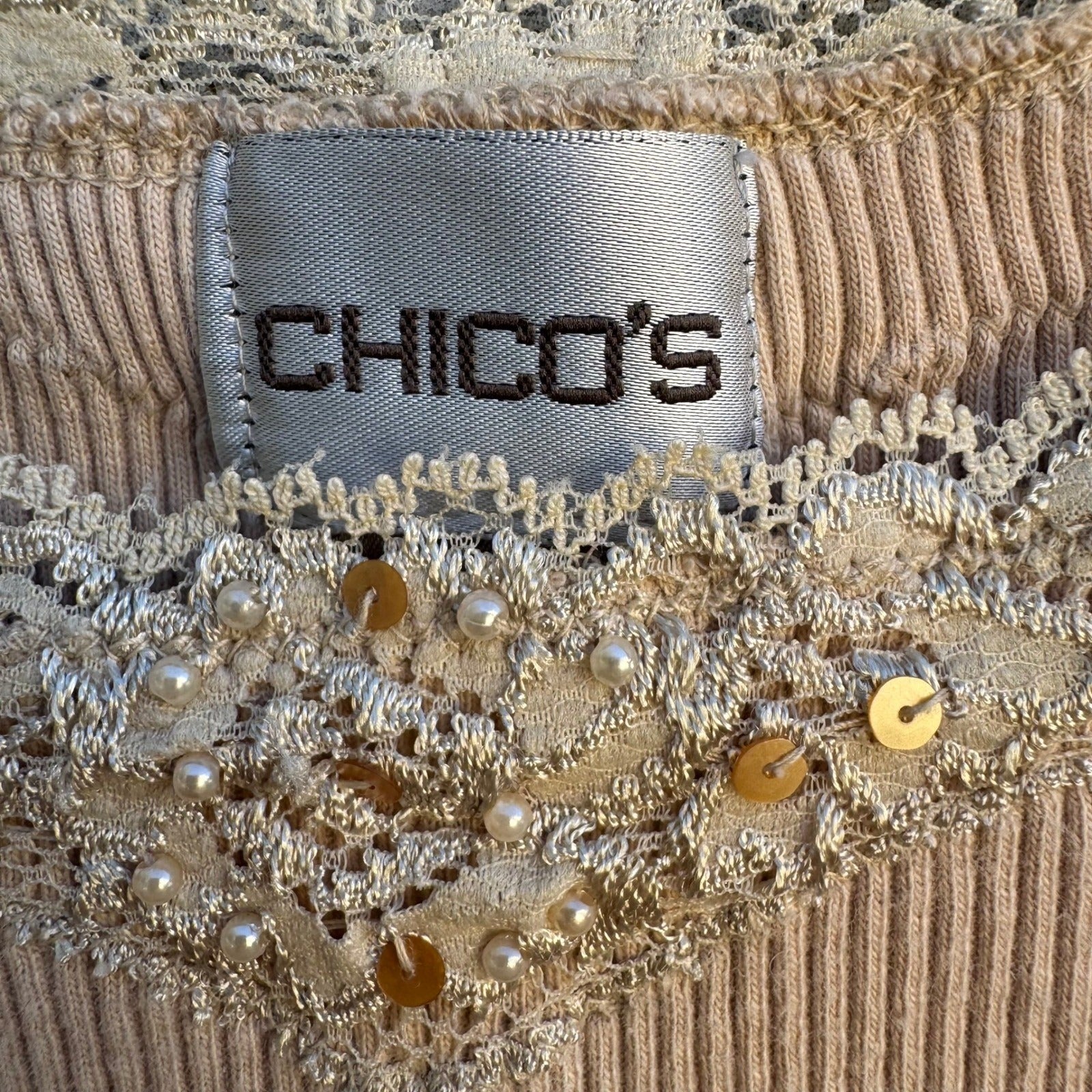 Chicos Y2K Tan Ribbed Babydoll Tank Top Lace Sequin Pearl Trim Scoop Neck Large