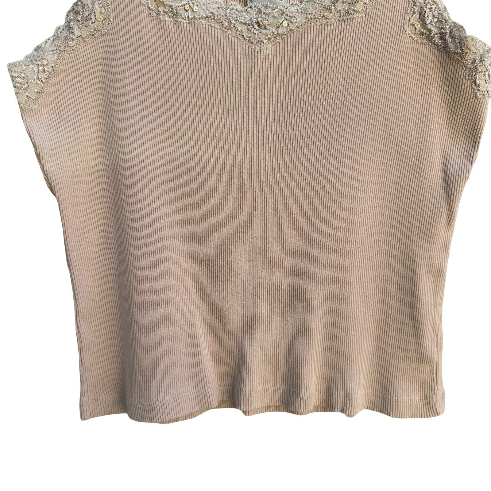 Chicos Y2K Tan Ribbed Babydoll Tank Top Lace Sequin Pearl Trim Scoop Neck Large