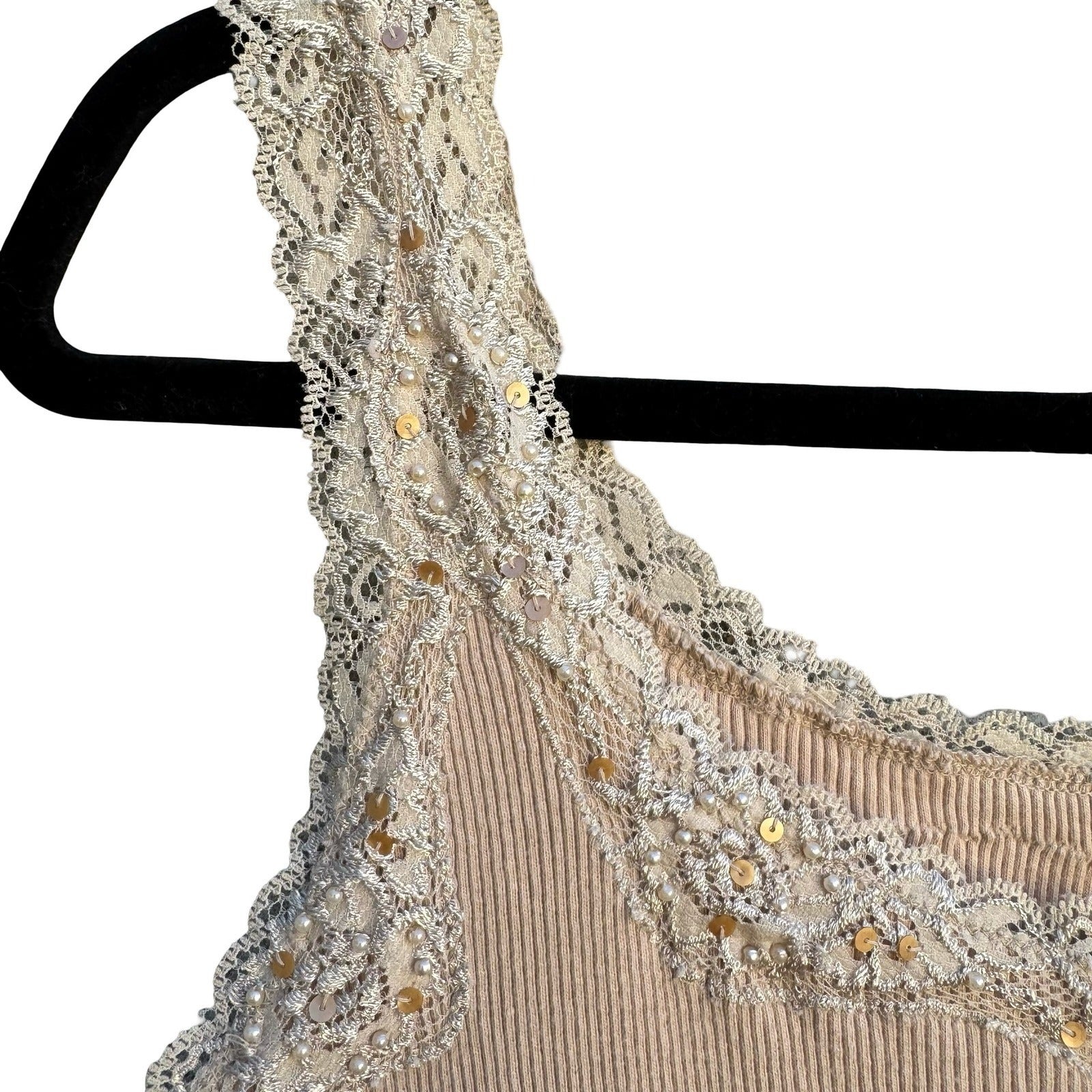 Chicos Y2K Tan Ribbed Babydoll Tank Top Lace Sequin Pearl Trim Scoop Neck Large
