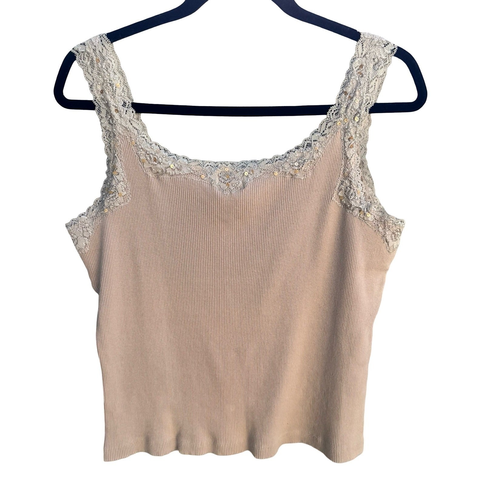 Chicos Y2K Tan Ribbed Babydoll Tank Top Lace Sequin Pearl Trim Scoop Neck Large