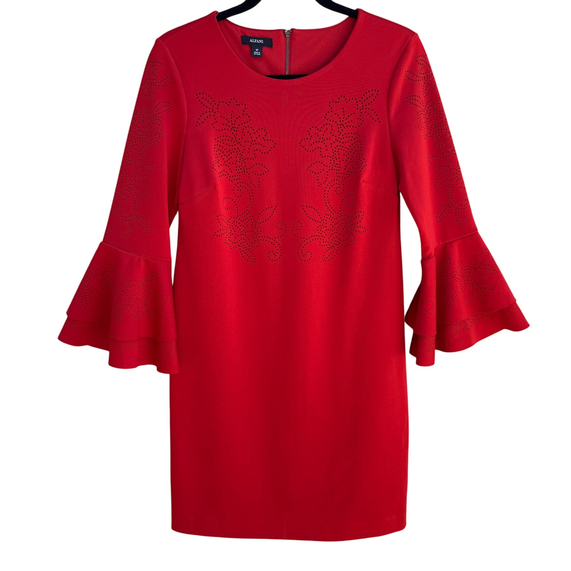 Alfani Red Bell Sleeve Scoop Neck Floral Cutouts Knee-Length Shift Dress 6P