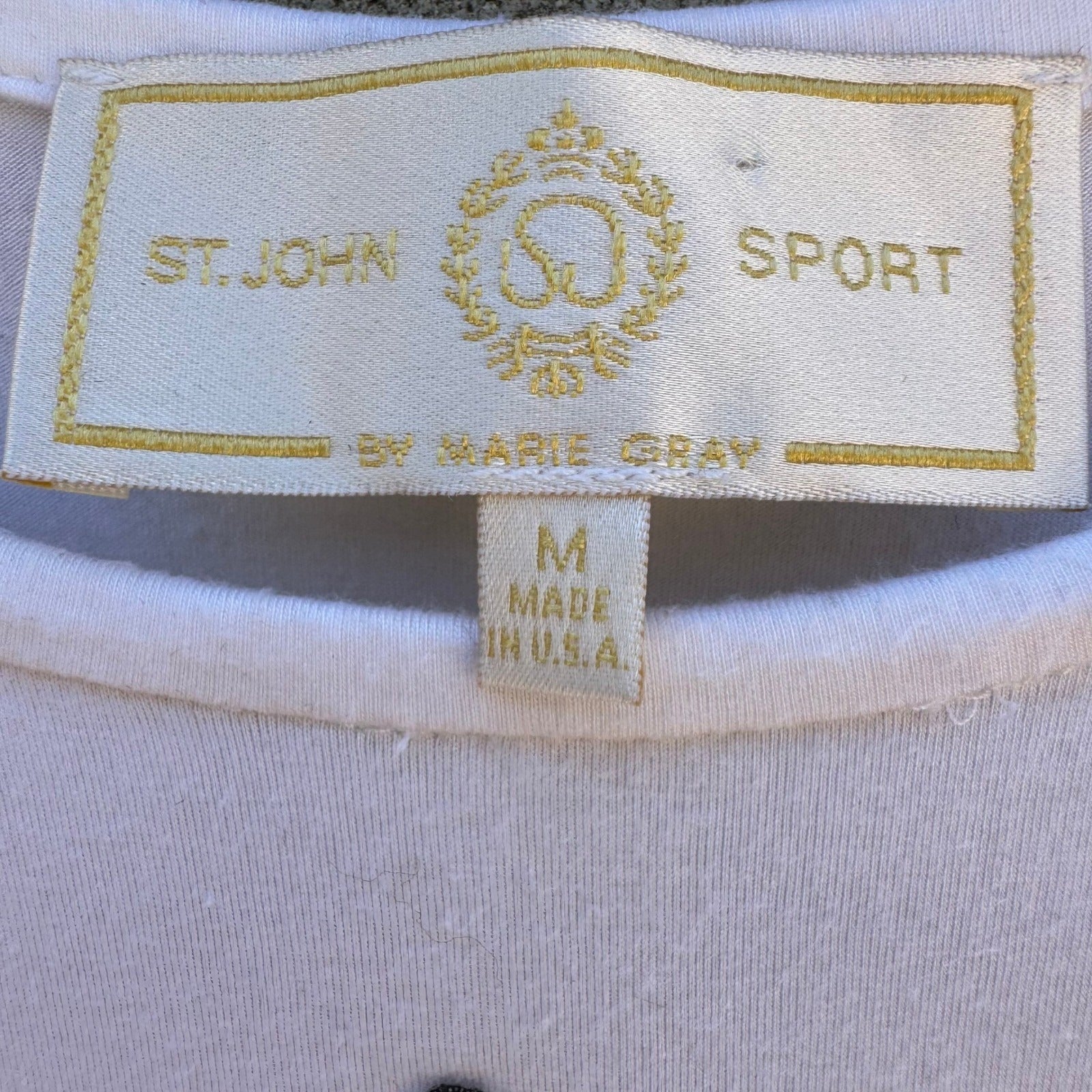 St John Sport Marie Gray Vintage 90s Yellow White Nautical Anchor Coastal Top M