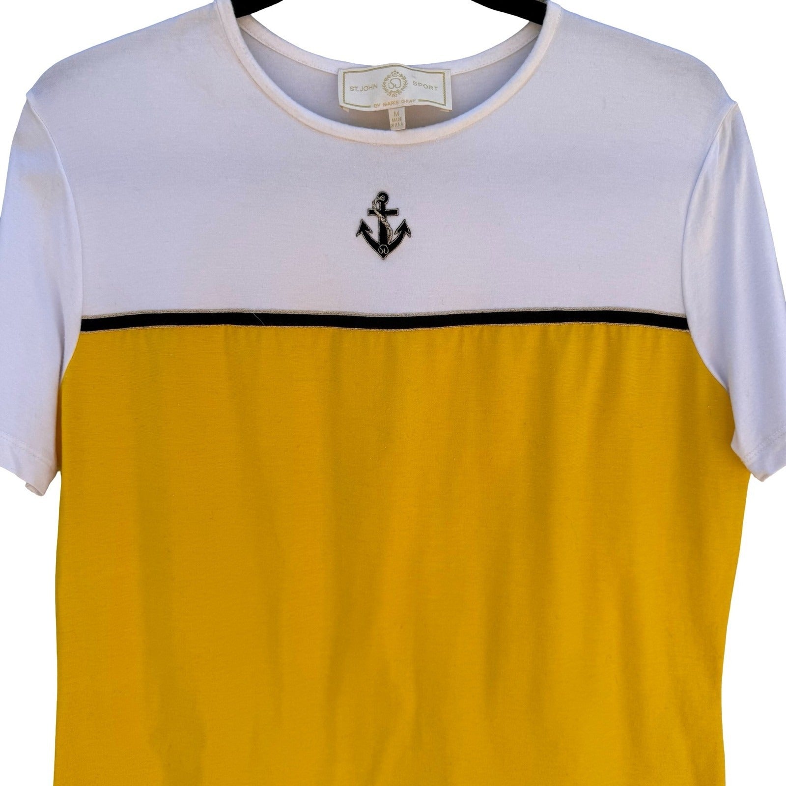 St John Sport Marie Gray Vintage 90s Yellow White Nautical Anchor Coastal Top M