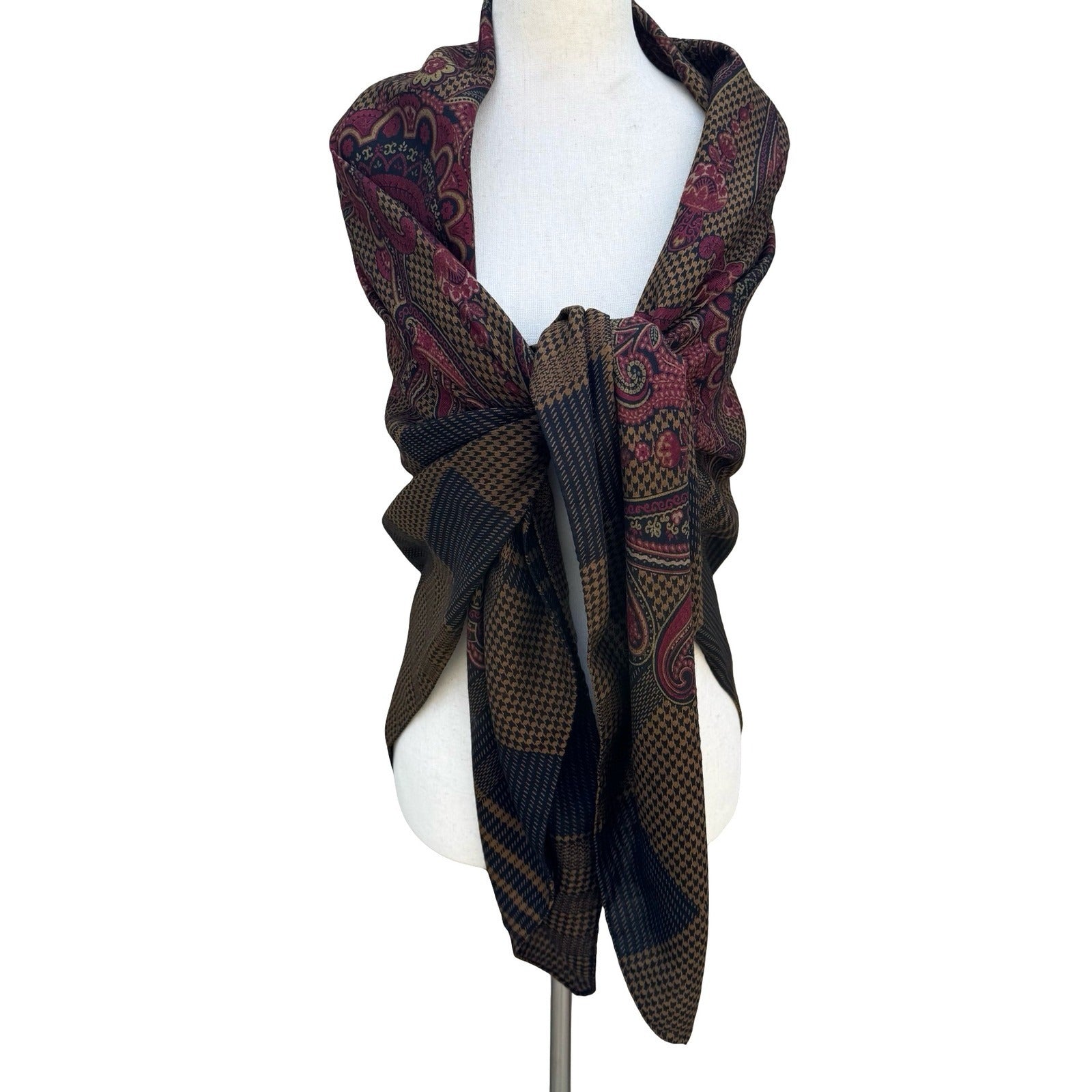 Alan Austin Vintage Wool Silk Scarf Paisley Houndstooth Plaid Burgundy Navy Wrap