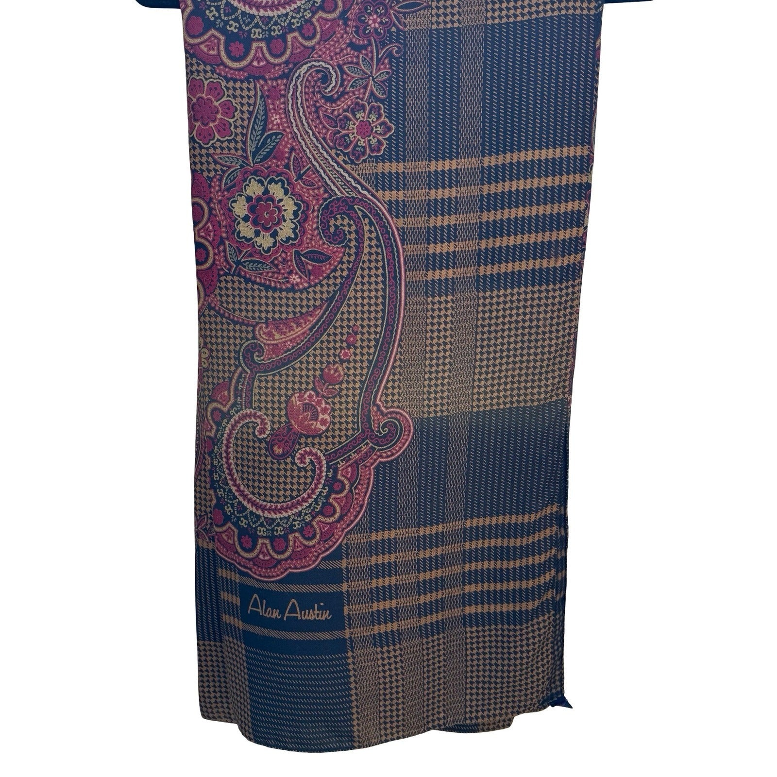 Alan Austin Vintage Wool Silk Scarf Paisley Houndstooth Plaid Burgundy Navy Wrap